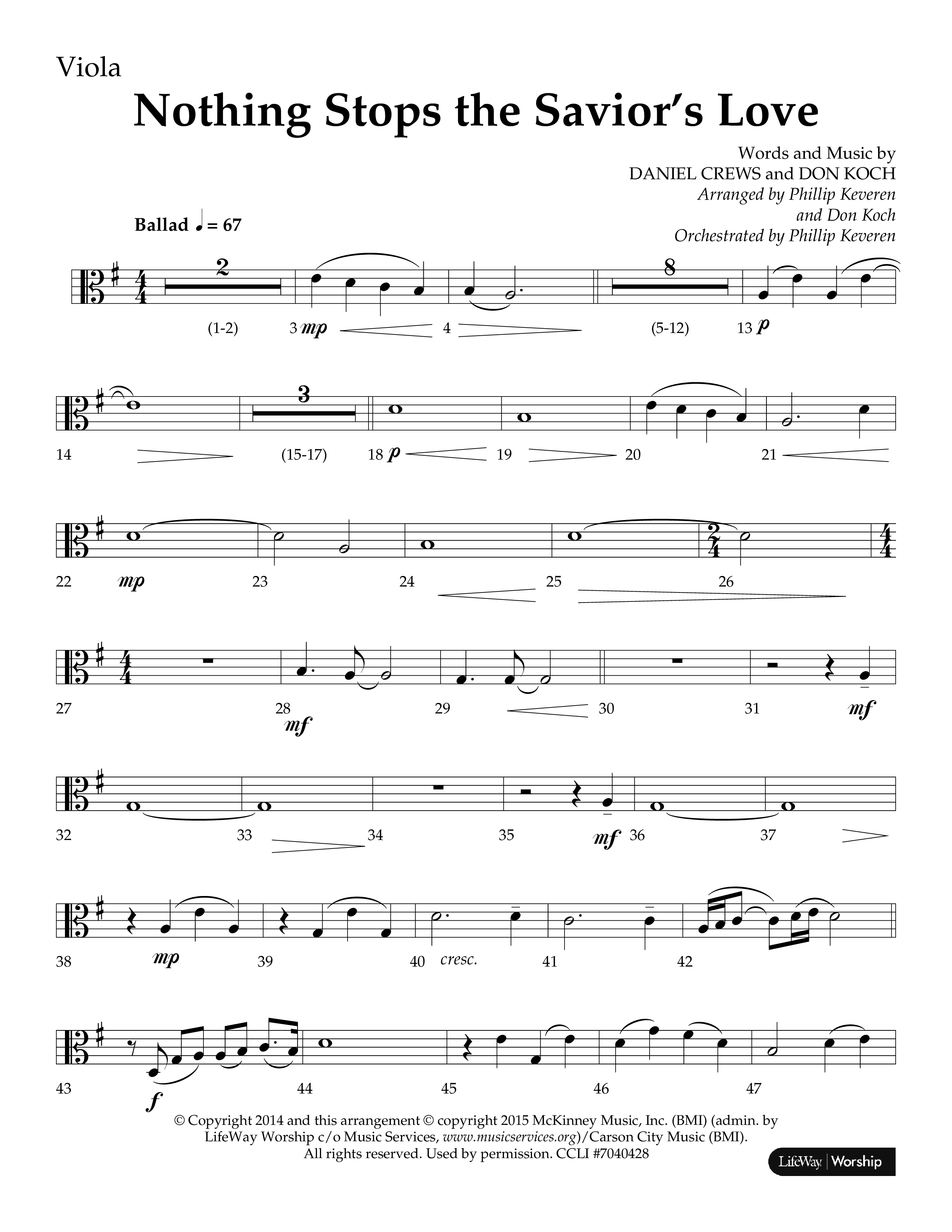 Nothing Stops The Saviors Love (Choral Anthem SATB) Viola (Lifeway Choral / Arr. Phillip Keveren / Arr. Don Koch / Orch. Phillip Keveren)