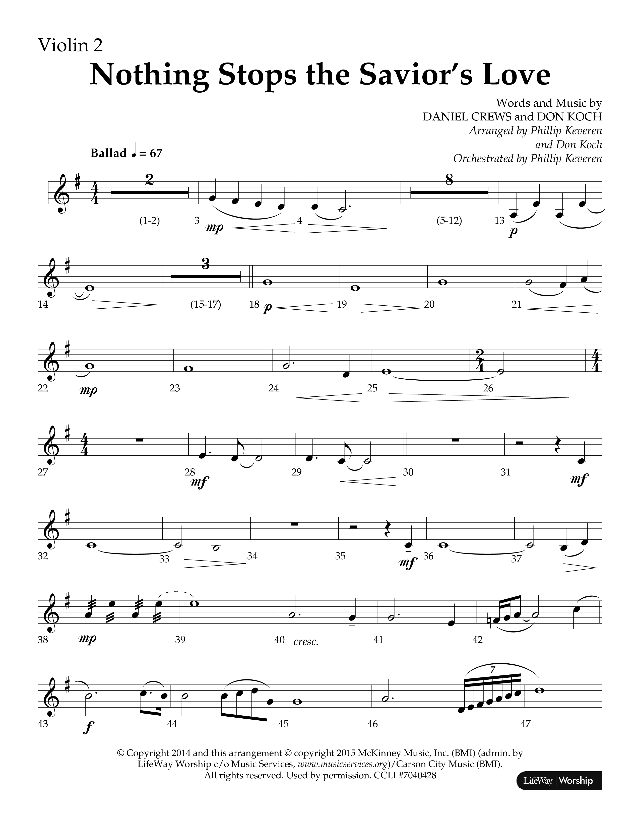 Nothing Stops The Saviors Love (Choral Anthem SATB) Violin 2 (Lifeway Choral / Arr. Phillip Keveren / Arr. Don Koch / Orch. Phillip Keveren)