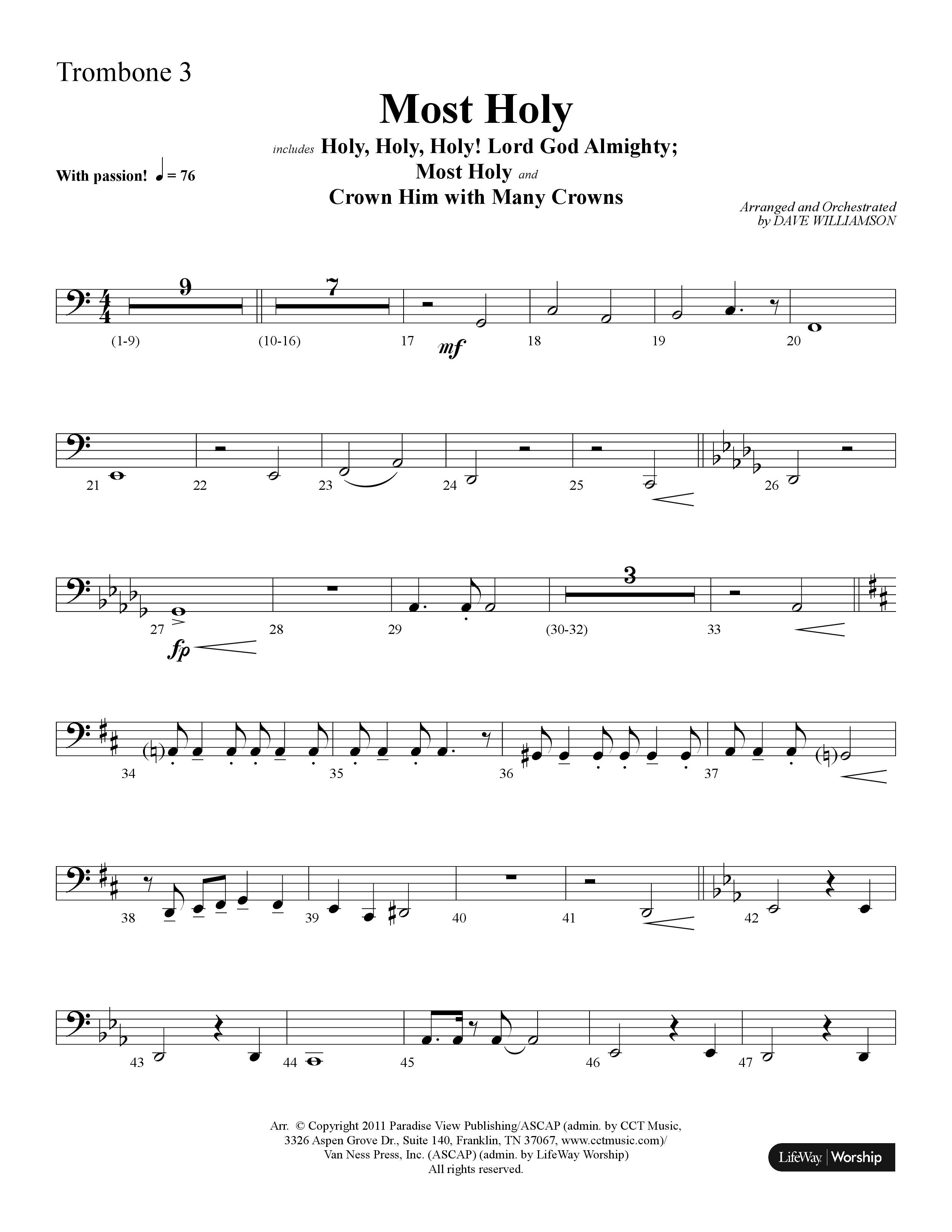 Most Holy (with Holy Holy Holy, Crown Him With Many Crowns) (Choral Anthem SATB) Trombone 3 (Lifeway Choral / Arr. Dave Williamson)