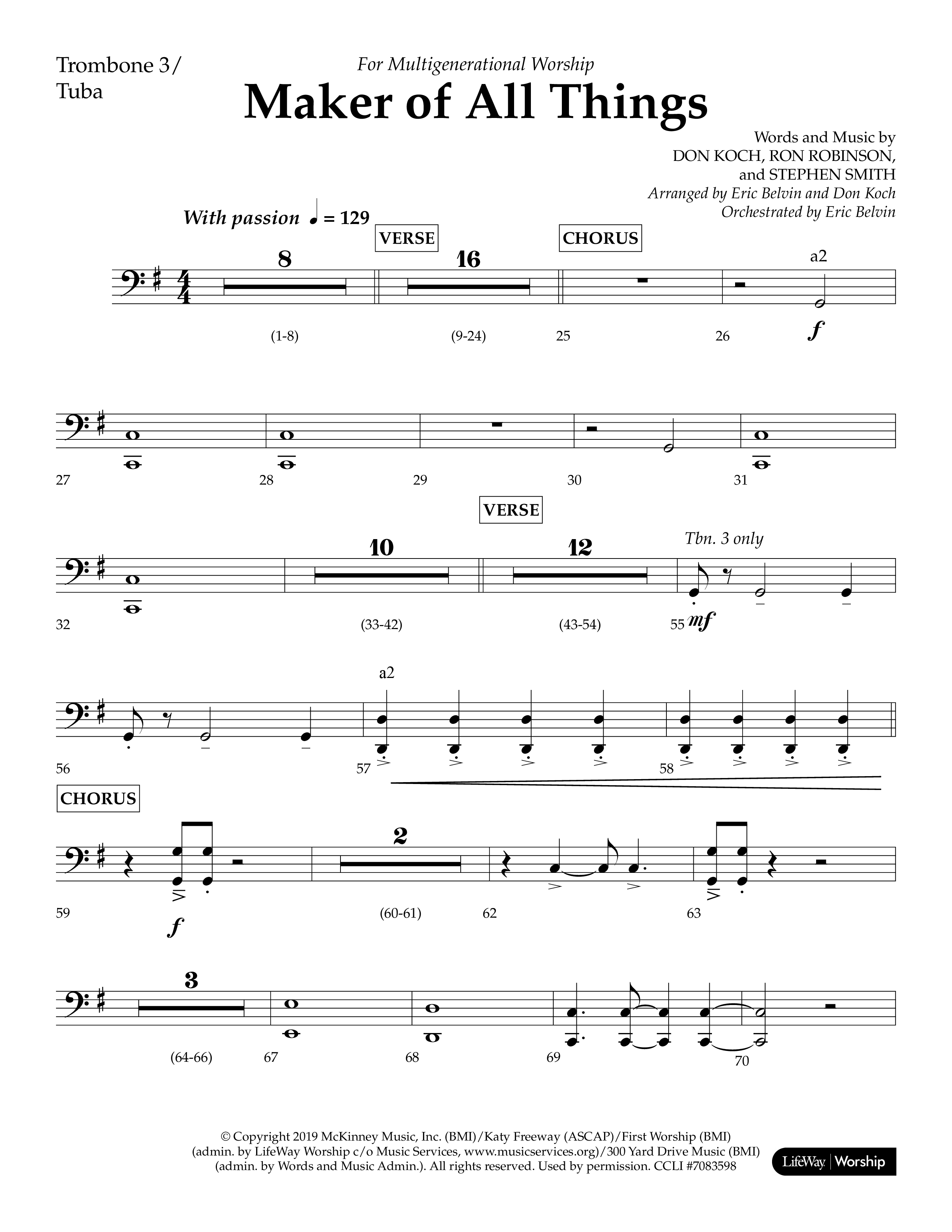 Maker Of All Things (Choral Anthem SATB) Trombone 3/Tuba (Lifeway Choral / Arr. Eric Belvin / Arr. Don Koch)