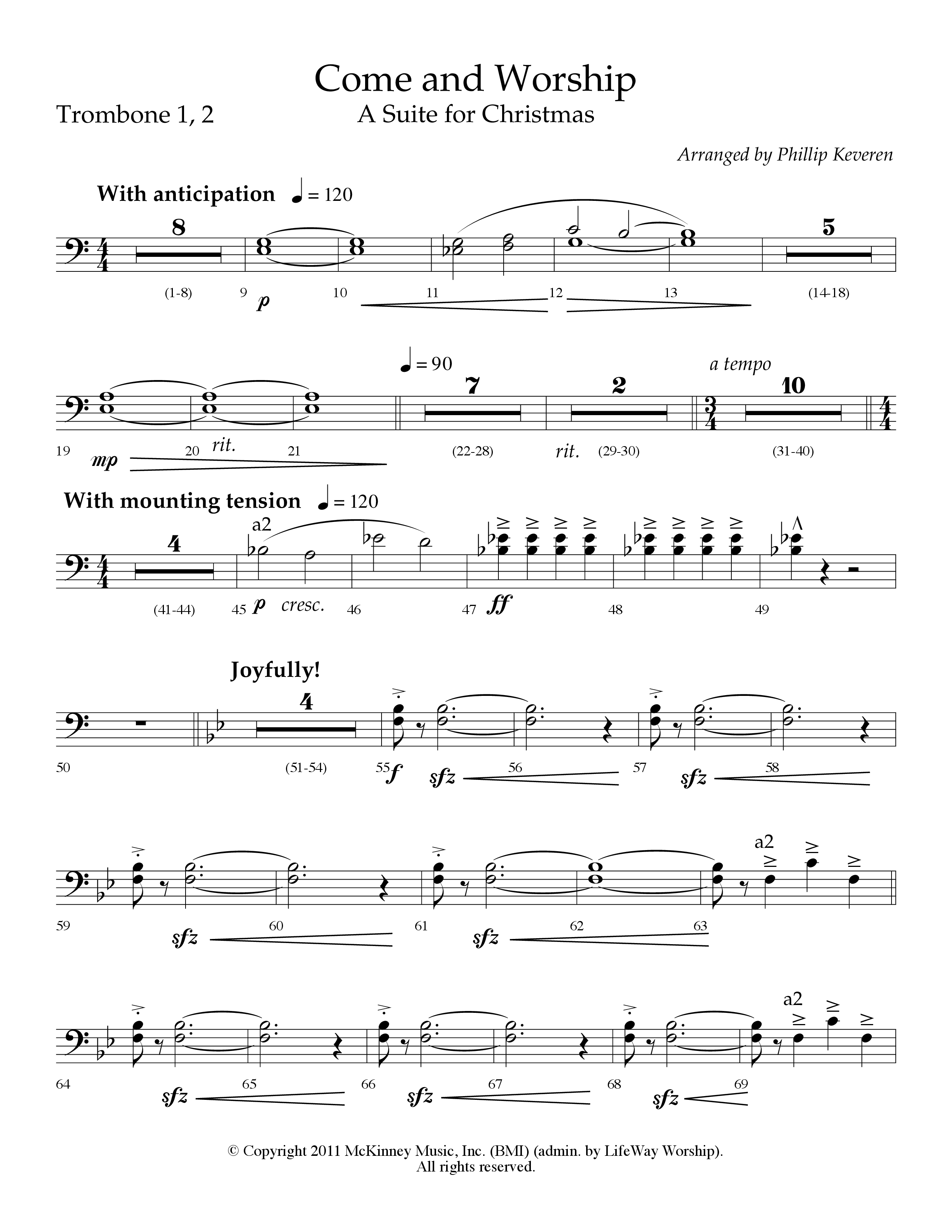 Come And Worship (A Suite For Christmas) (with Angels From The Realms Of Glory, Angels We Have Heard (Choral Anthem SATB) Trombone 1/2 (Lifeway Choral / Arr. Phillip Keveren)