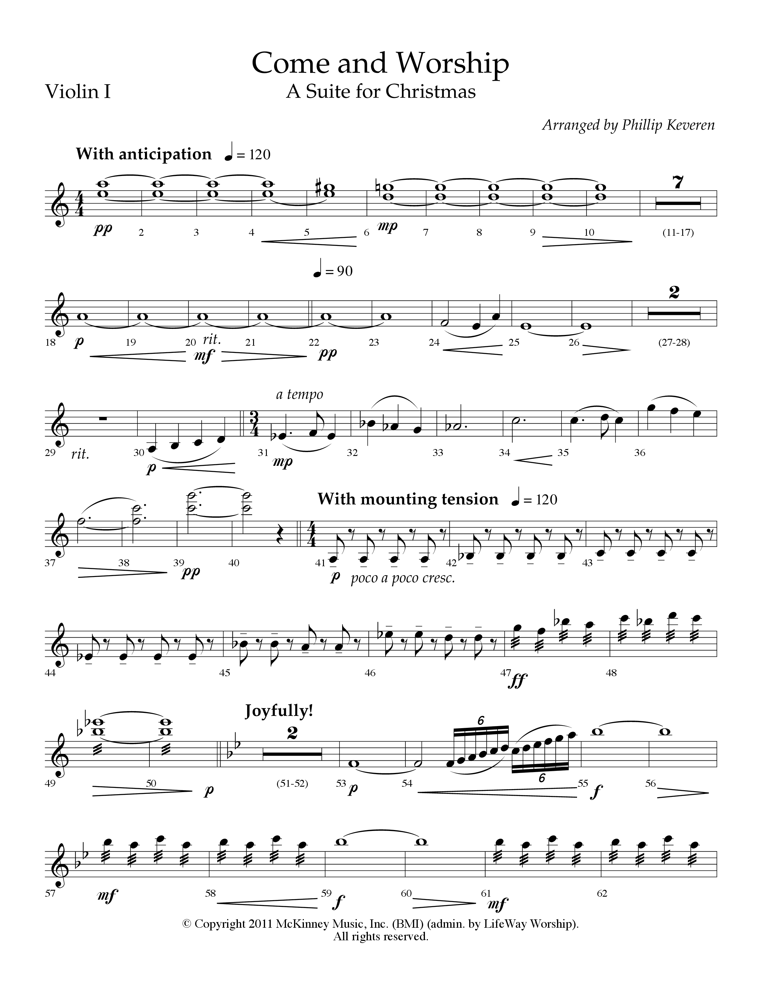Come And Worship (A Suite For Christmas) (with Angels From The Realms Of Glory, Angels We Have Heard (Choral Anthem SATB) Violin 1 (Lifeway Choral / Arr. Phillip Keveren)