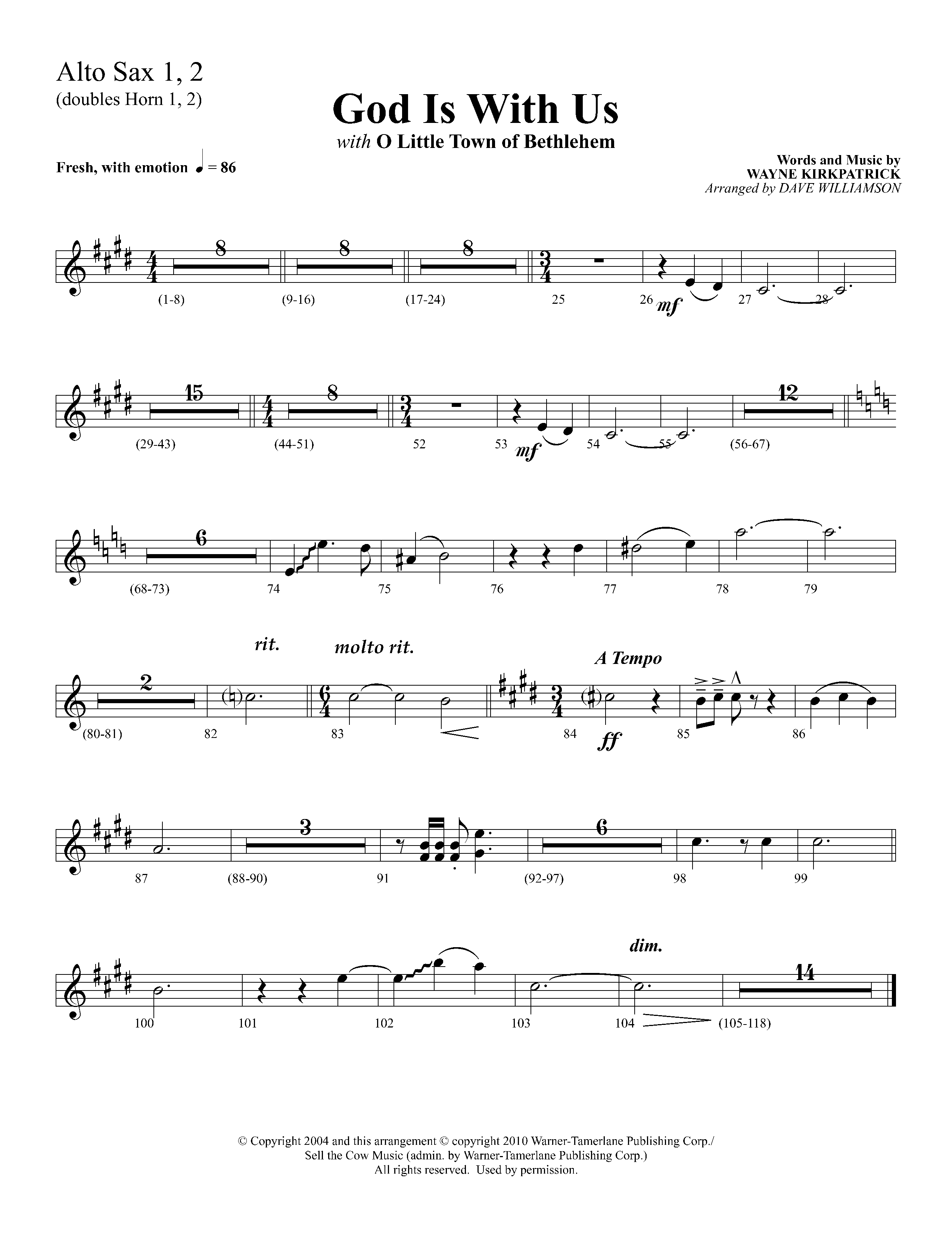 God Is With Us (with O Little Town Of Bethlehem) (Choral Anthem SATB) Alto Sax 1/2 (Lifeway Choral / Arr. Dave Williamson)