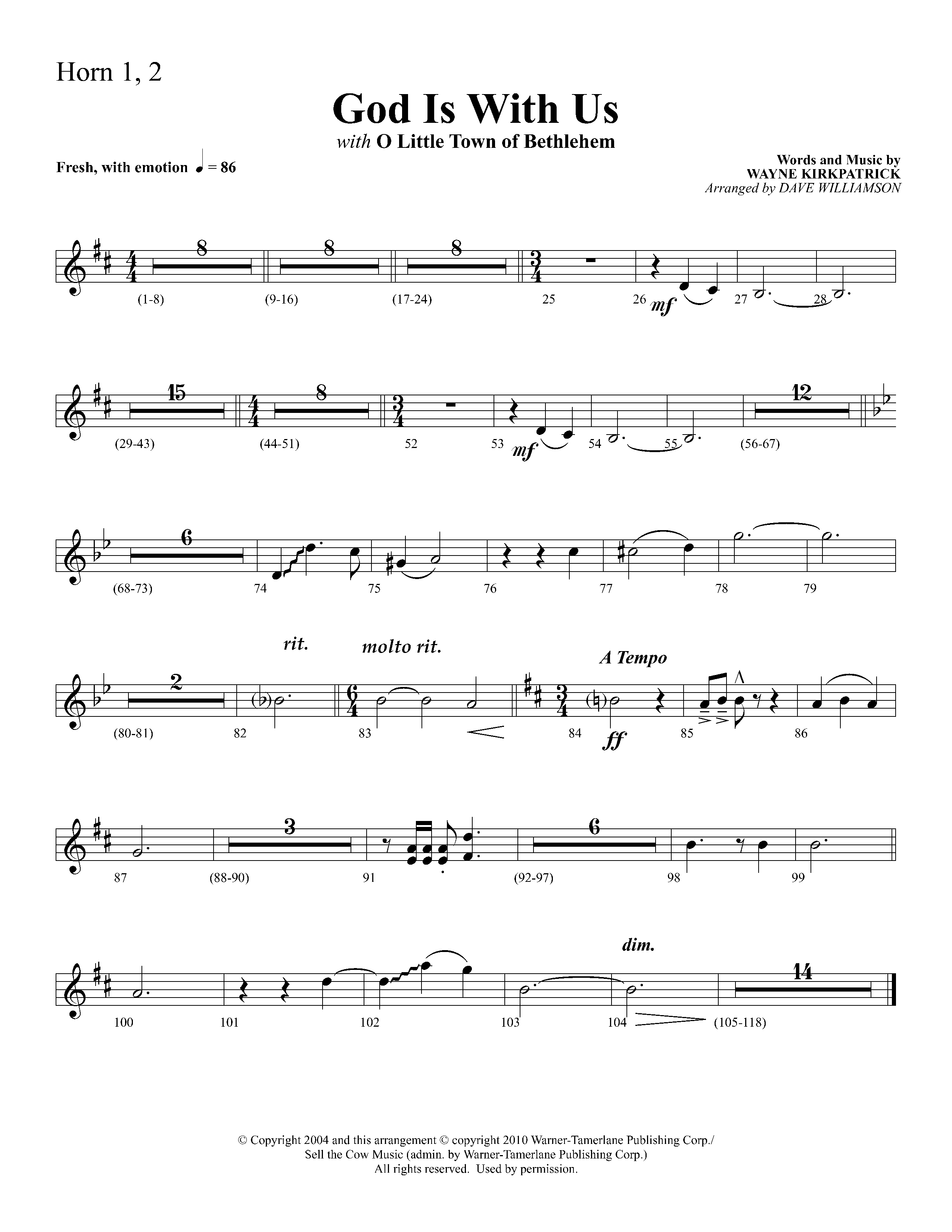 God Is With Us (with O Little Town Of Bethlehem) (Choral Anthem SATB) French Horn 1/2 (Lifeway Choral / Arr. Dave Williamson)