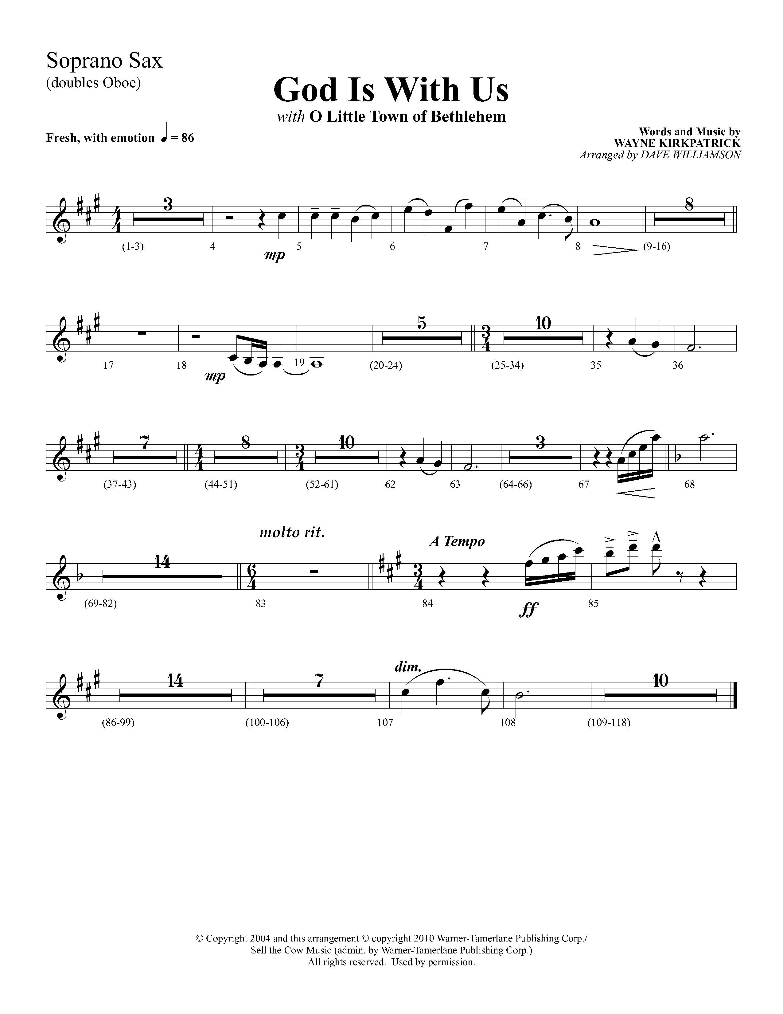 God Is With Us (with O Little Town Of Bethlehem) (Choral Anthem SATB) Soprano Sax (Lifeway Choral / Arr. Dave Williamson)