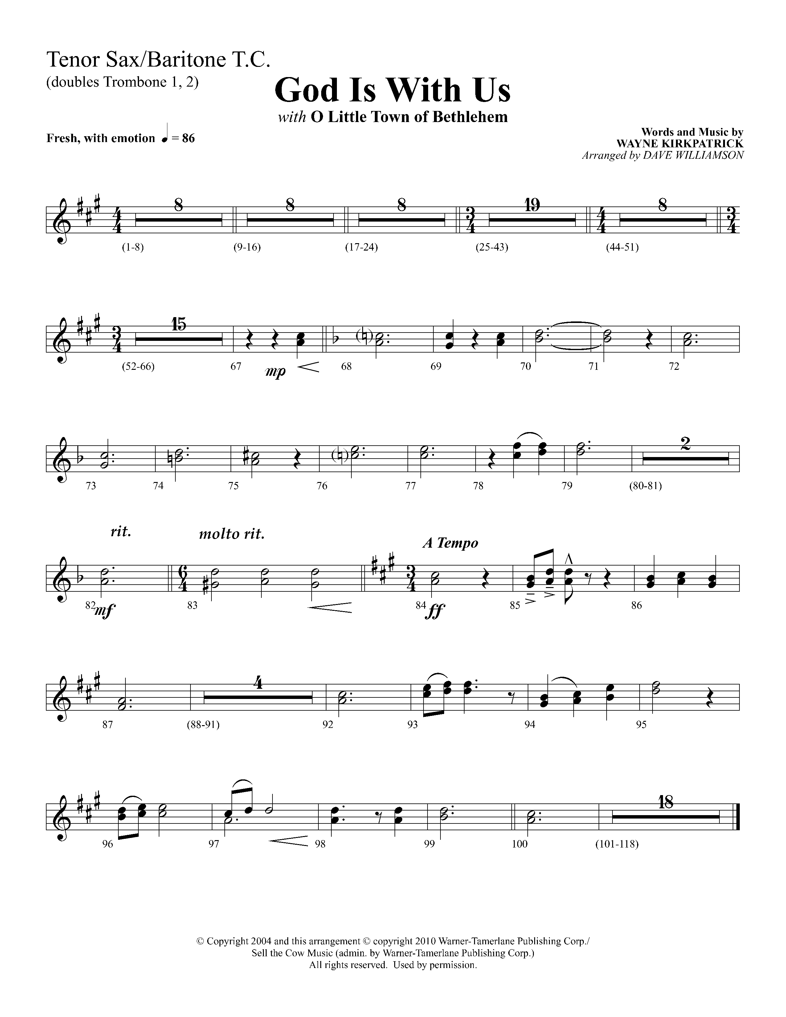 God Is With Us (with O Little Town Of Bethlehem) (Choral Anthem SATB) Tenor Sax/Baritone T.C. (Lifeway Choral / Arr. Dave Williamson)