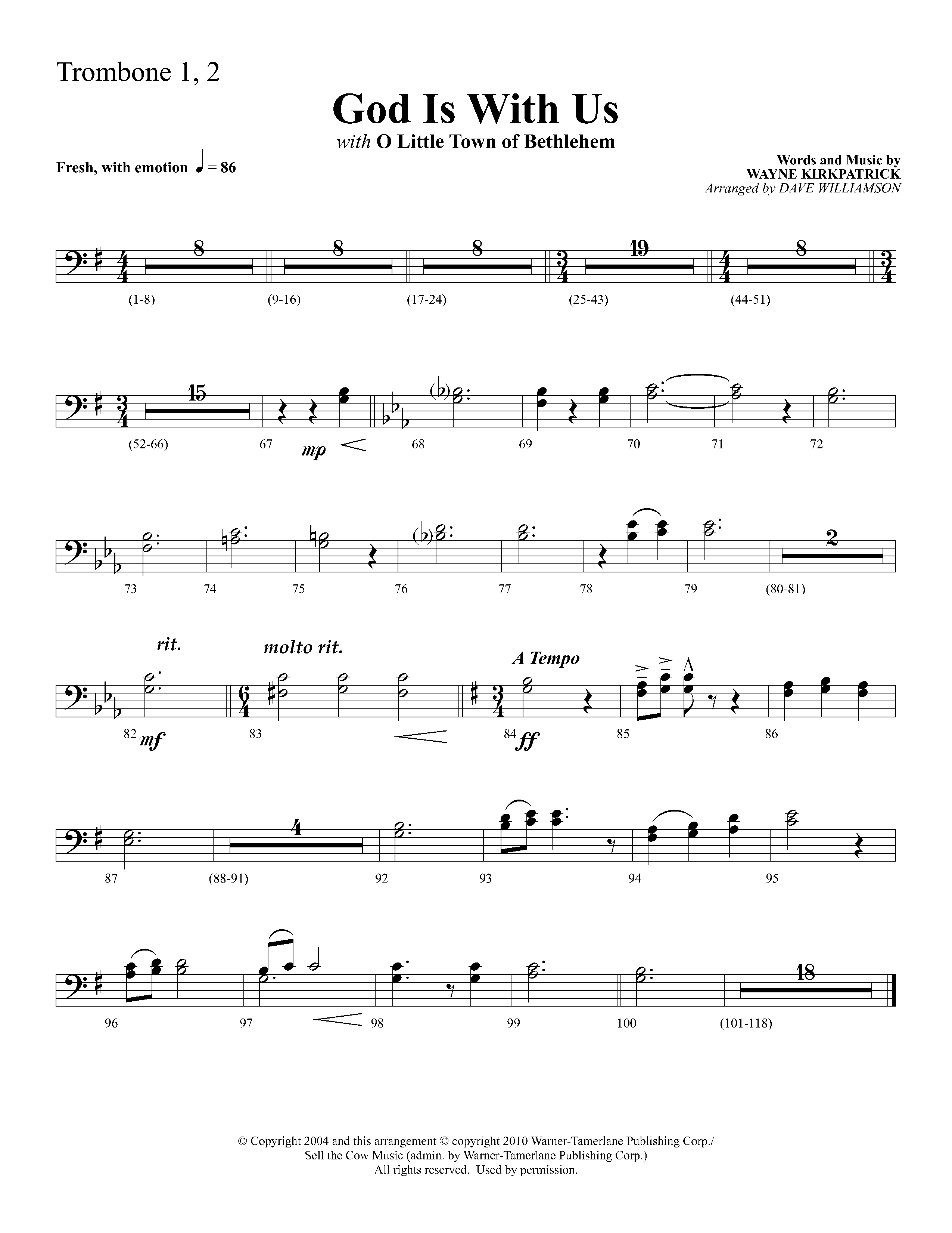 God Is With Us (with O Little Town Of Bethlehem) (Choral Anthem SATB) Trombone 1/2 (Lifeway Choral / Arr. Dave Williamson)