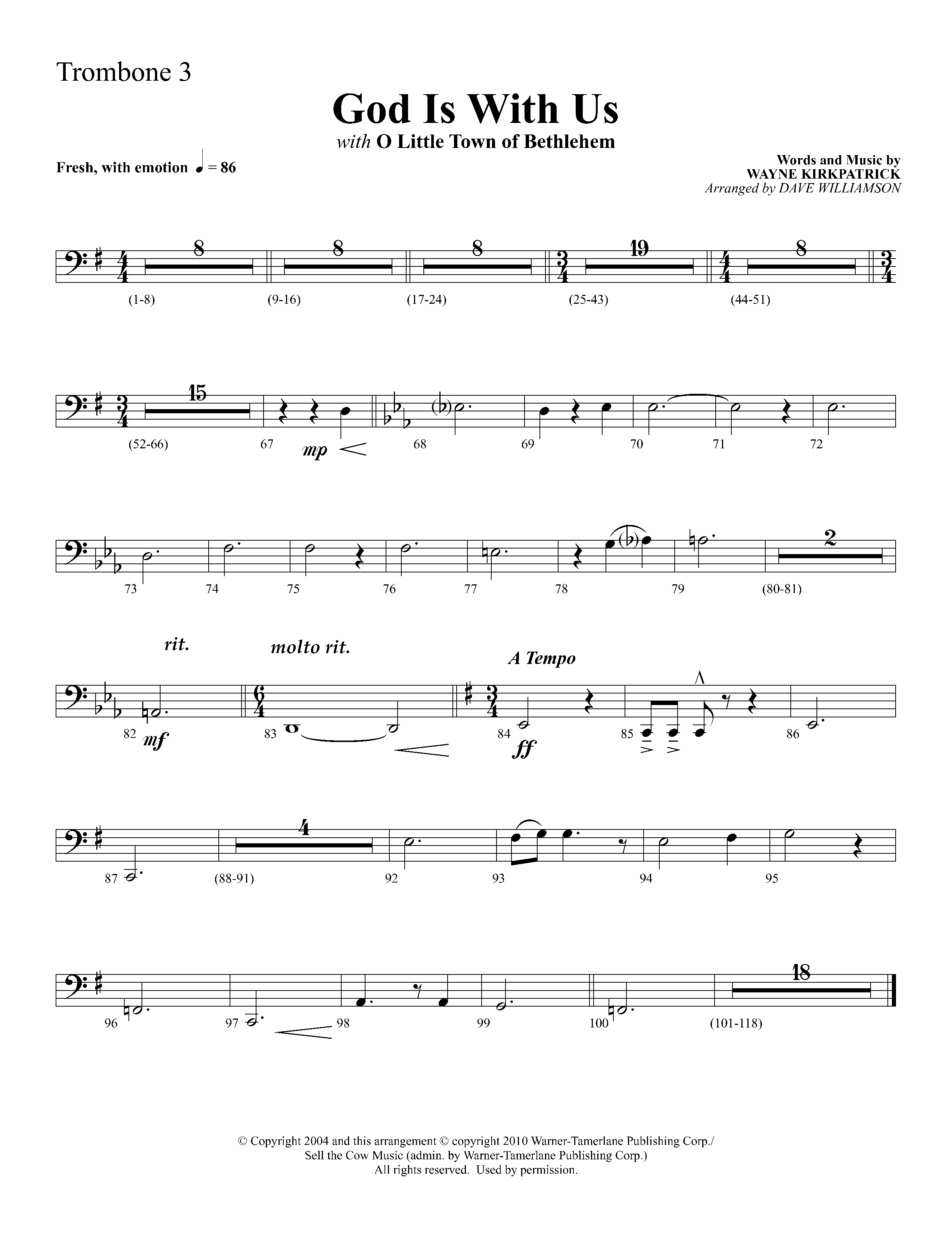 God Is With Us (with O Little Town Of Bethlehem) (Choral Anthem SATB) Trombone 3 (Lifeway Choral / Arr. Dave Williamson)