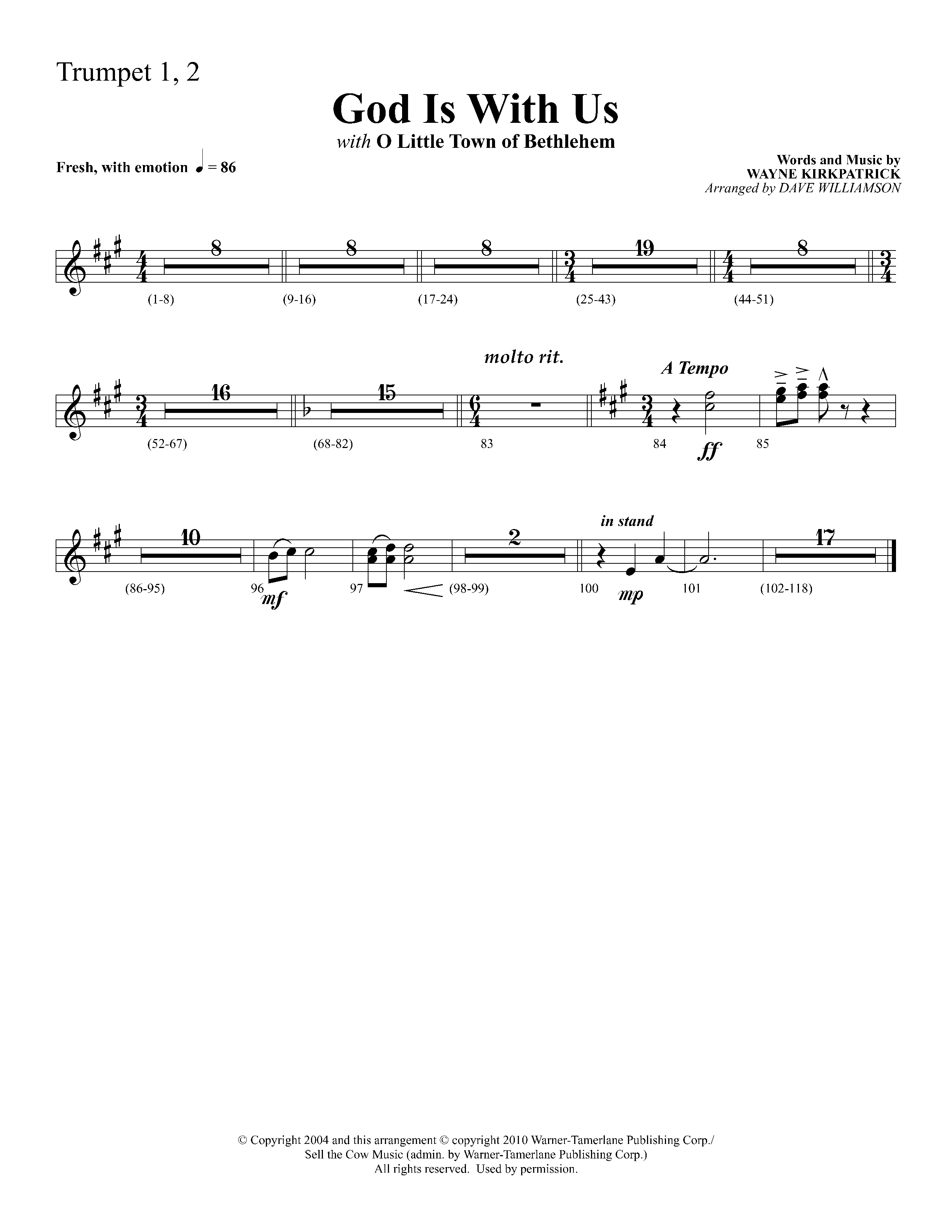 God Is With Us (with O Little Town Of Bethlehem) (Choral Anthem SATB) Trumpet 1,2 (Lifeway Choral / Arr. Dave Williamson)