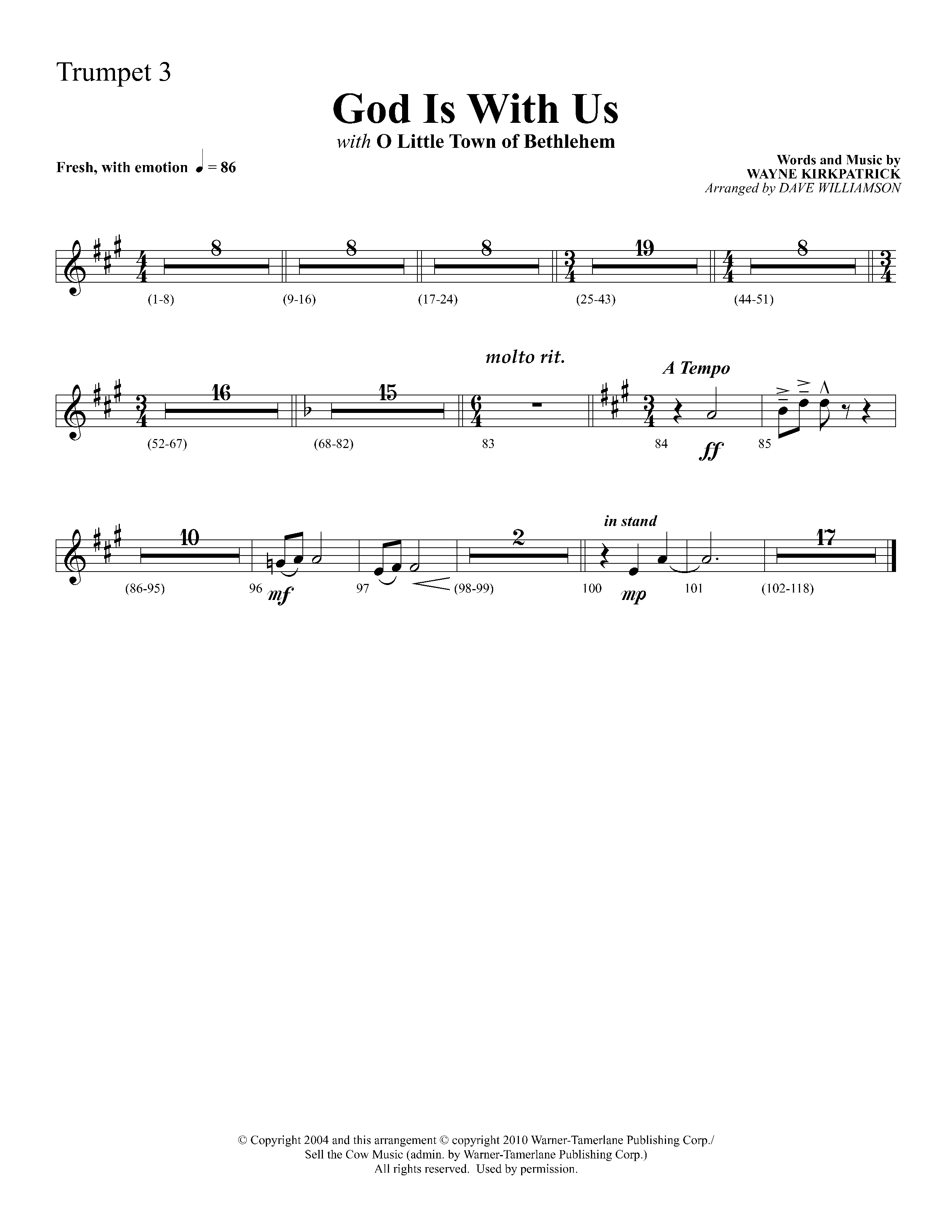 God Is With Us (with O Little Town Of Bethlehem) (Choral Anthem SATB) Trumpet 3 (Lifeway Choral / Arr. Dave Williamson)