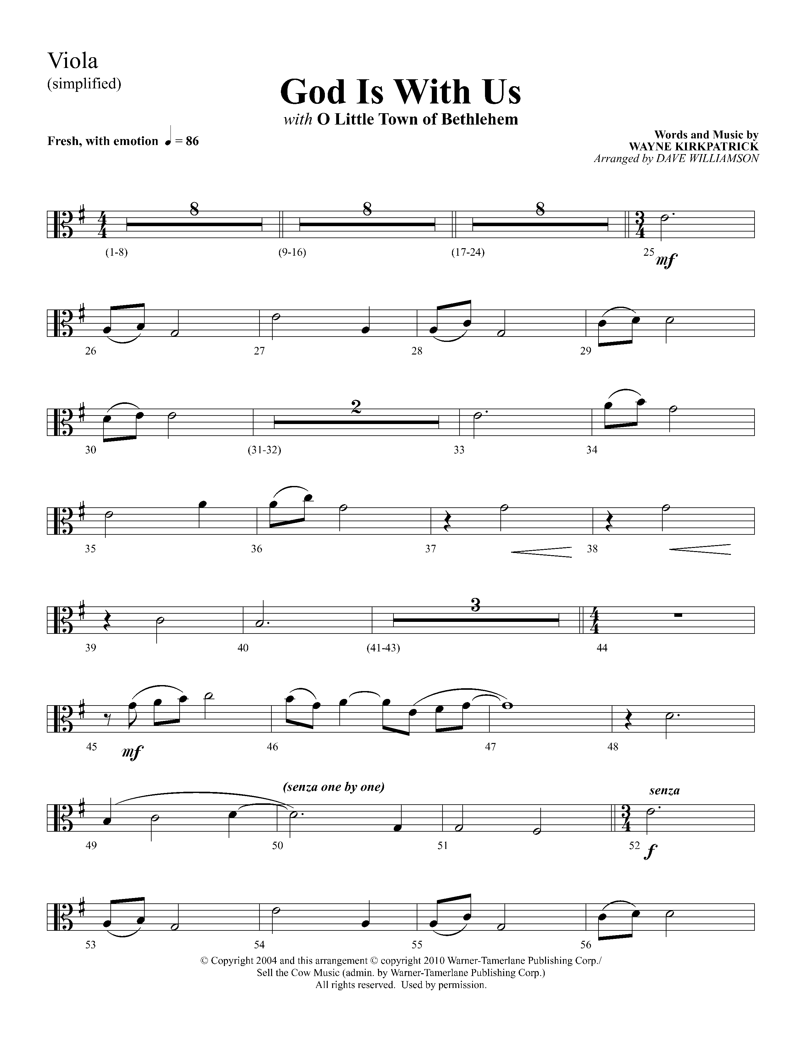 God Is With Us (with O Little Town Of Bethlehem) (Choral Anthem SATB) Viola (Lifeway Choral / Arr. Dave Williamson)