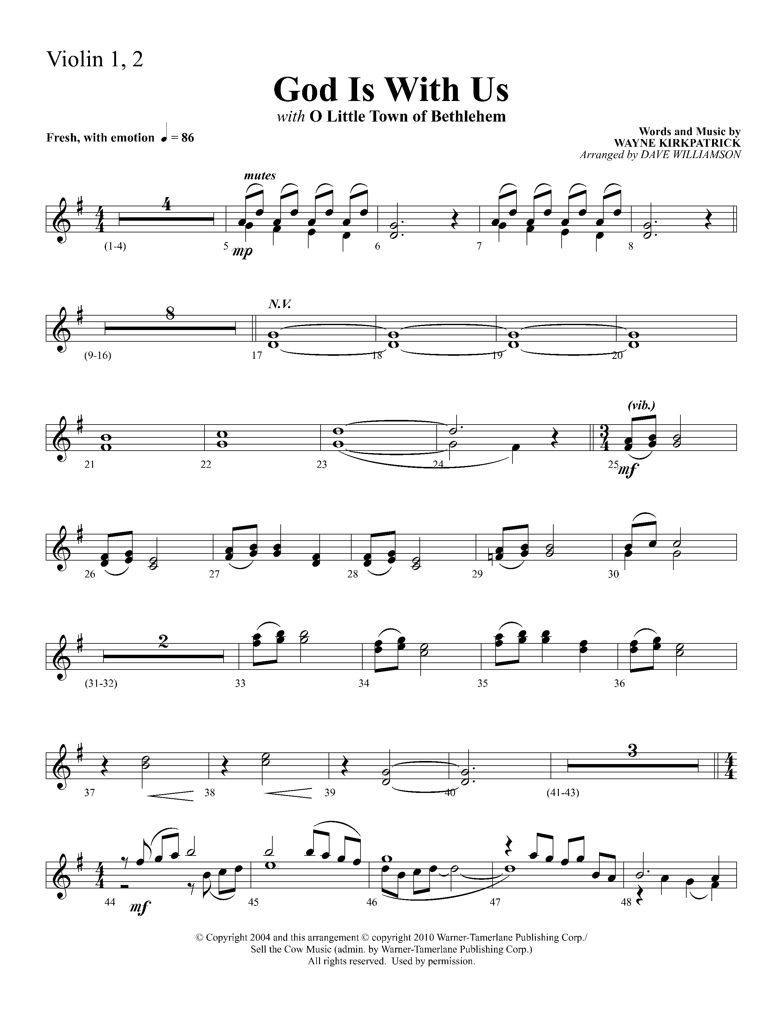 God Is With Us (with O Little Town Of Bethlehem) (Choral Anthem SATB) Violin 1/2 (Lifeway Choral / Arr. Dave Williamson)