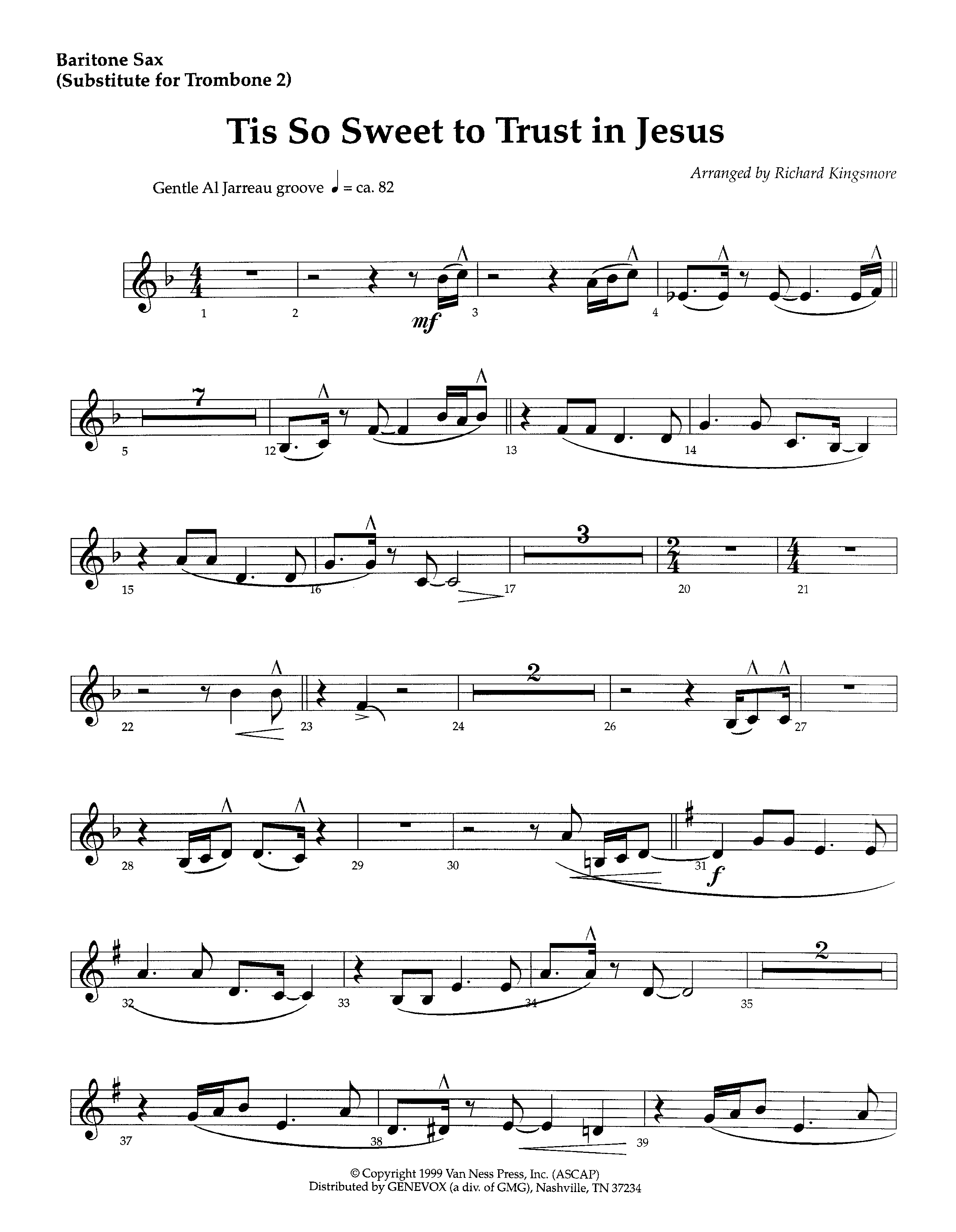 Tis So Sweet To Trust In Jesus (Instrumental) Bari Sax (Lifeway Worship / Arr. Richard Kingsmore)