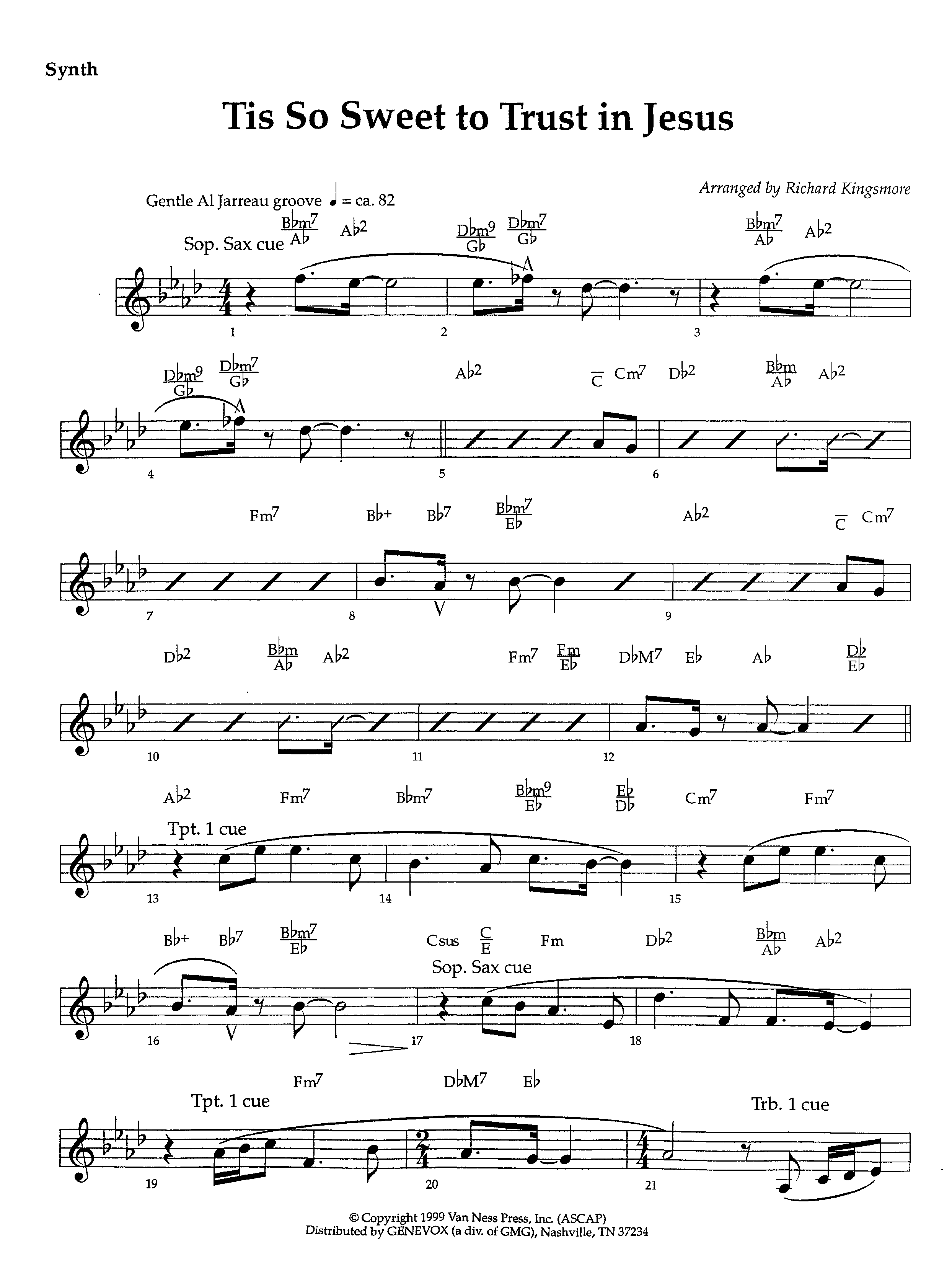 Tis So Sweet To Trust In Jesus (Instrumental) Synth (Lifeway Worship / Arr. Richard Kingsmore)
