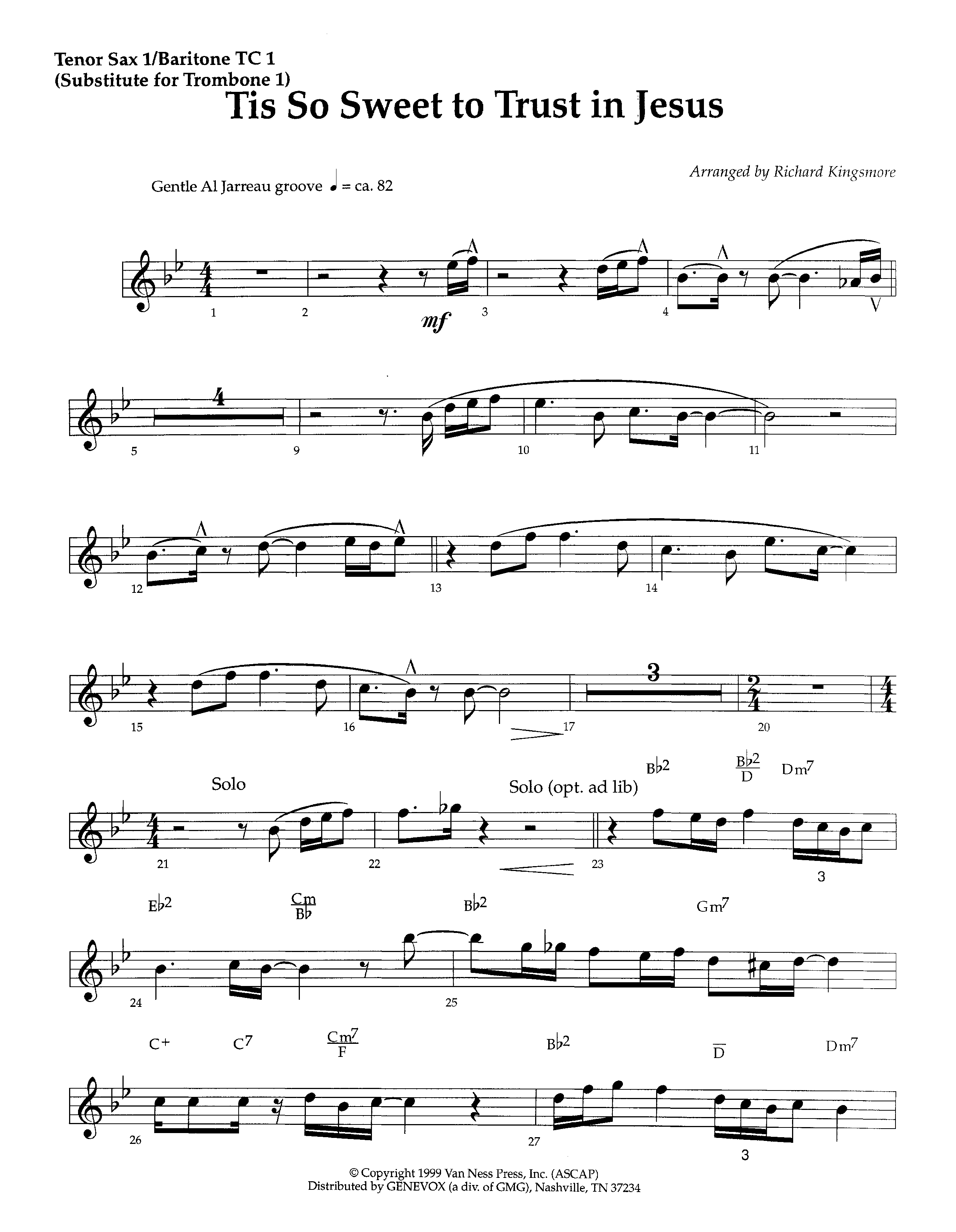 Tis So Sweet To Trust In Jesus (Instrumental) Tenor Sax/Baritone T.C. (Lifeway Worship / Arr. Richard Kingsmore)