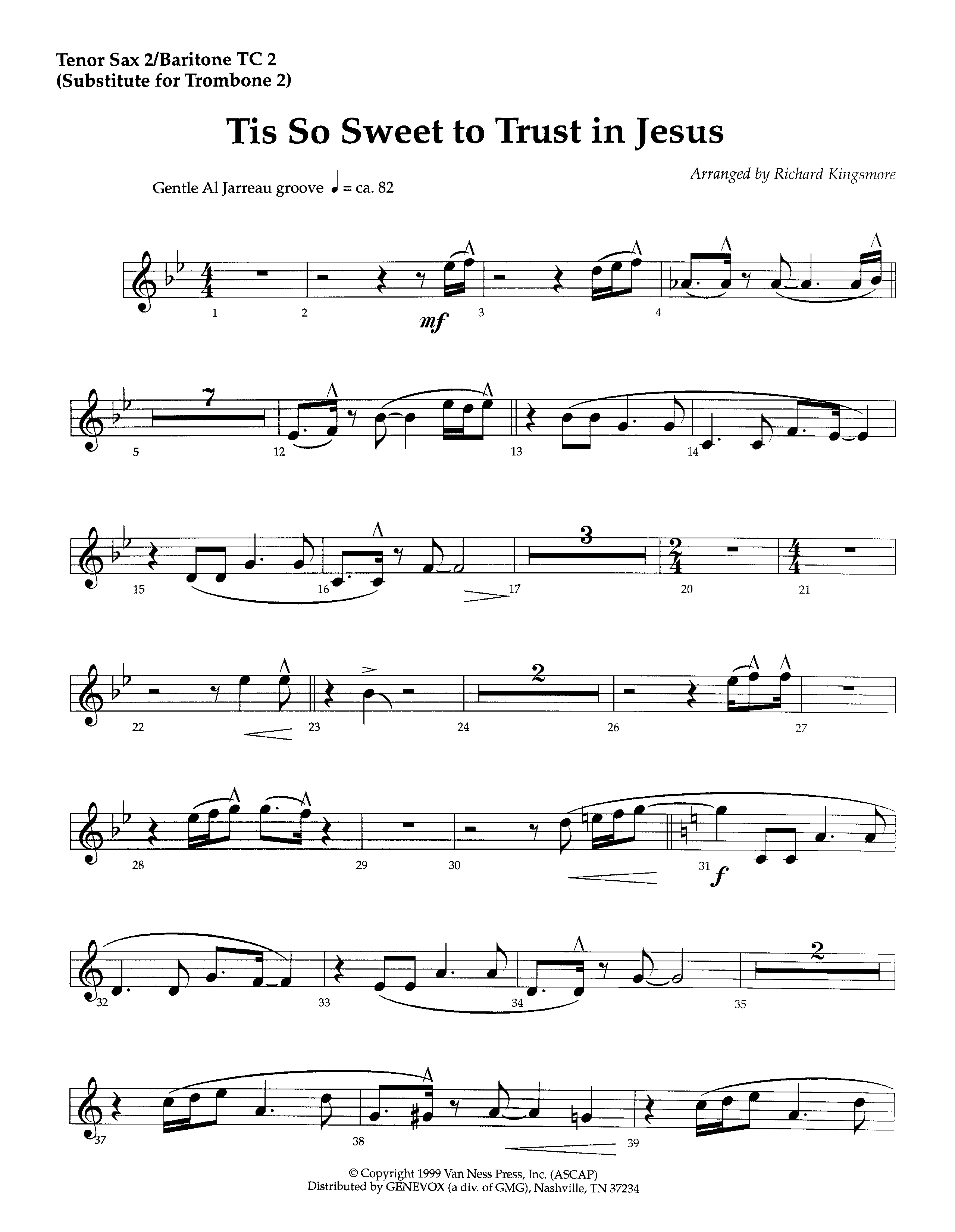 Tis So Sweet To Trust In Jesus (Instrumental) Tenor Sax/Baritone T.C. (Lifeway Worship / Arr. Richard Kingsmore)