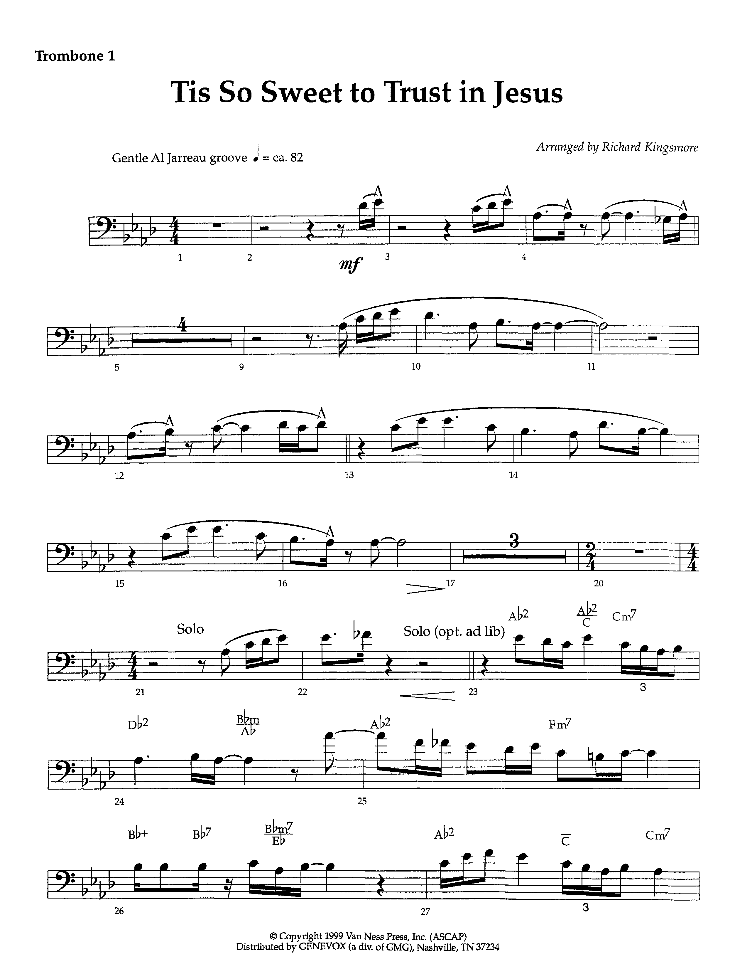 Tis So Sweet To Trust In Jesus (Instrumental) Trombone 1 (Lifeway Worship / Arr. Richard Kingsmore)