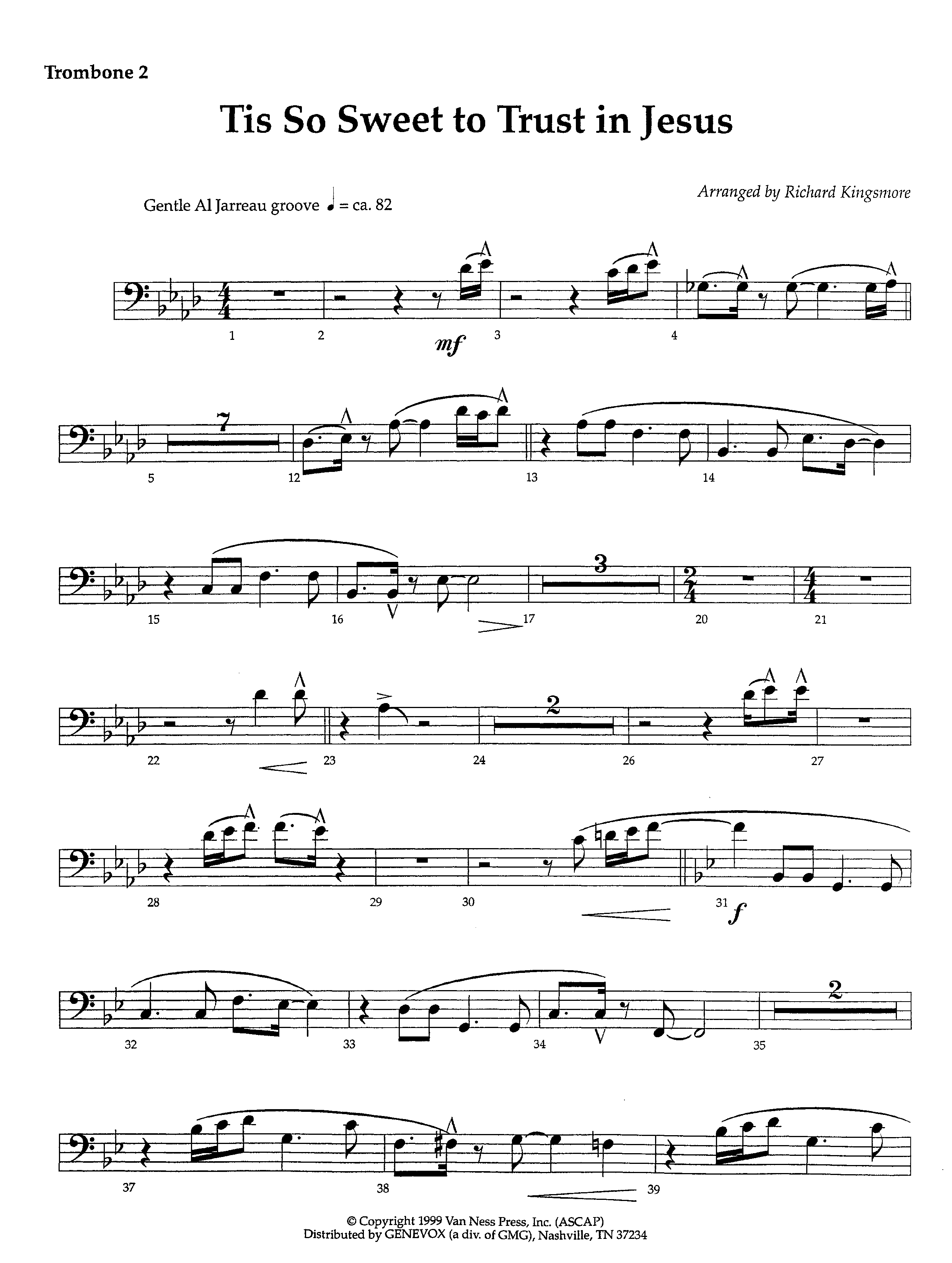 Tis So Sweet To Trust In Jesus (Instrumental) Trombone 2 (Lifeway Worship / Arr. Richard Kingsmore)