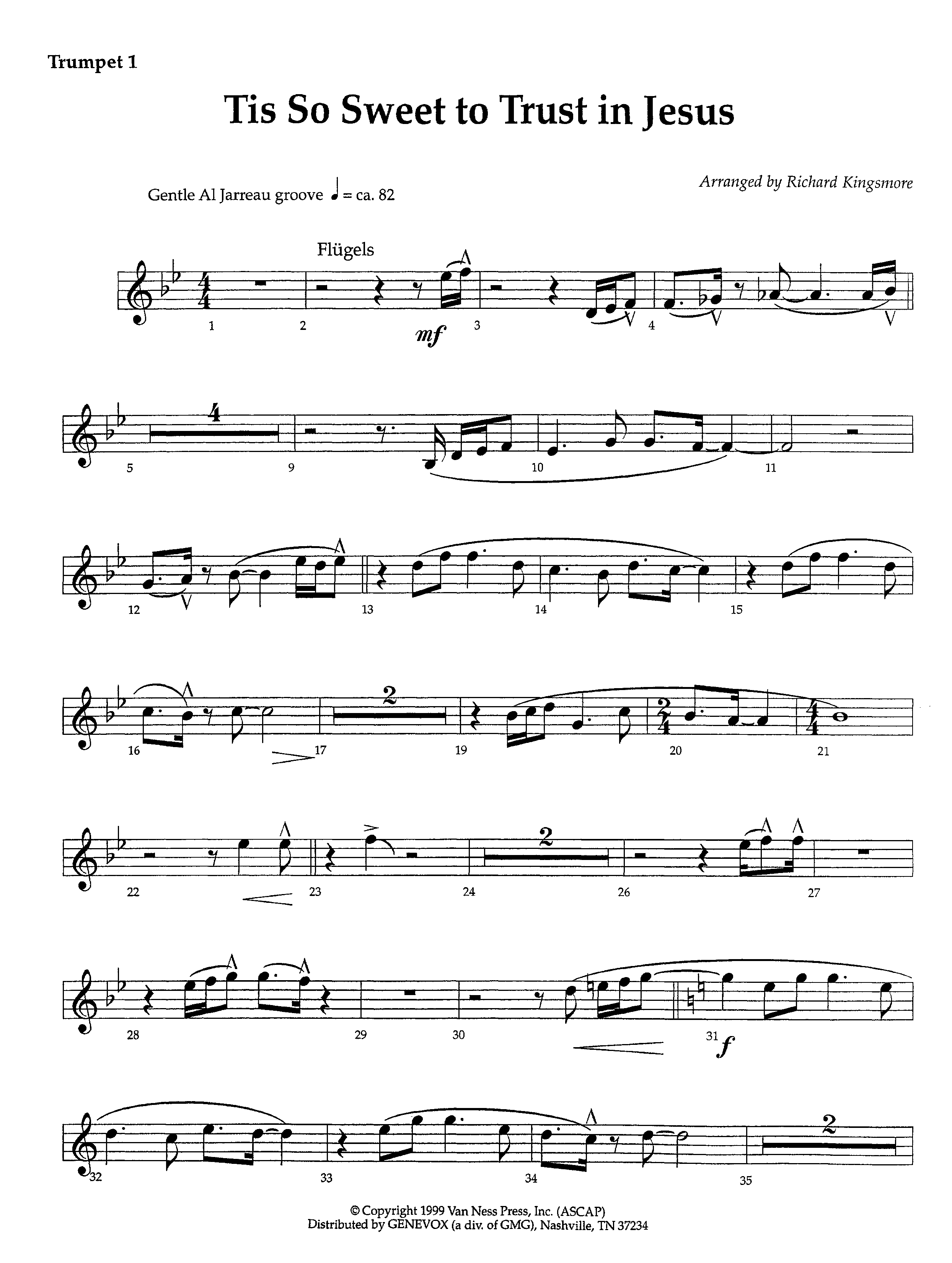 Tis So Sweet To Trust In Jesus (Instrumental) Trumpet 1 (Lifeway Worship / Arr. Richard Kingsmore)