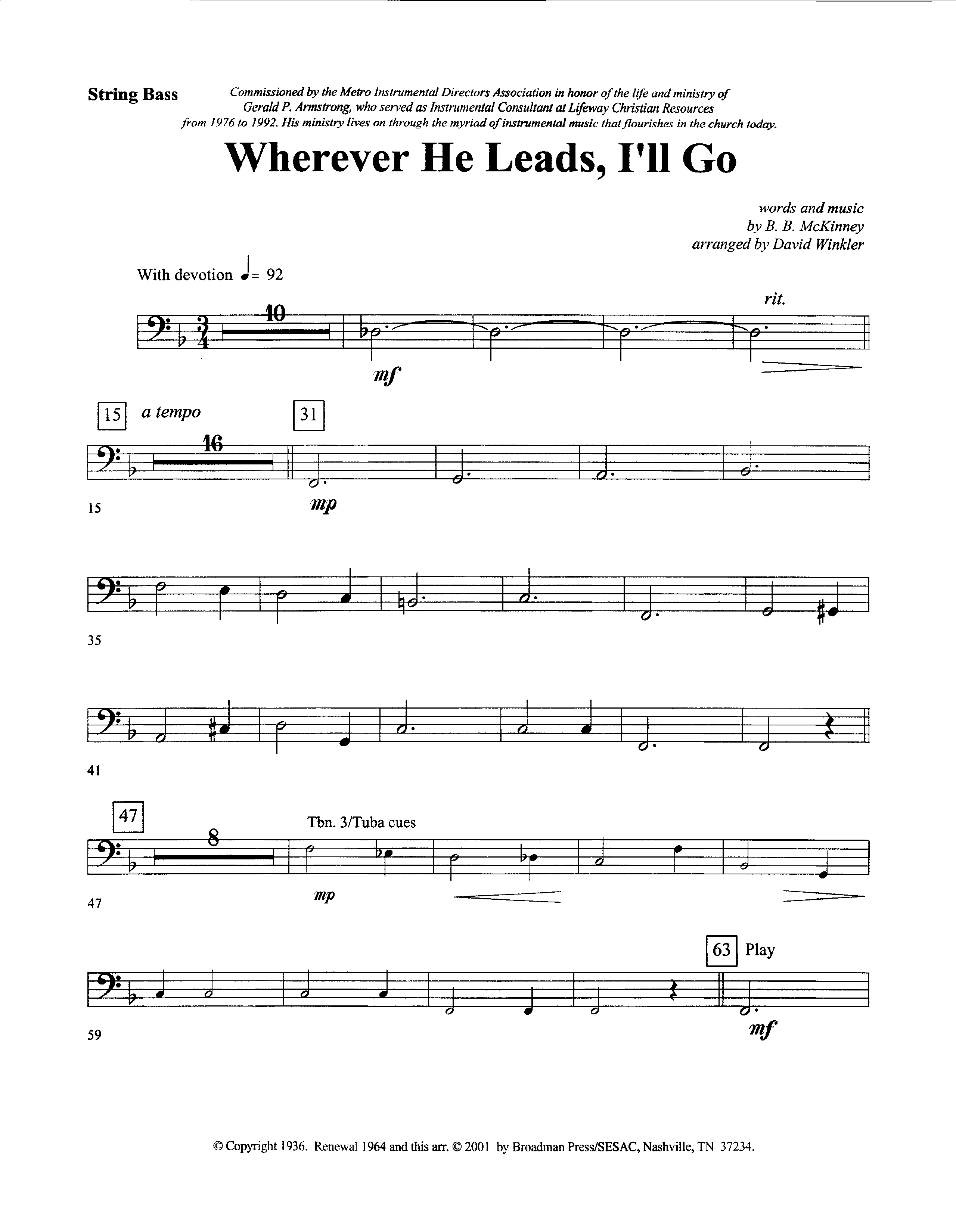 Wherever He Leads I’ll Go (with Solo Euphonium or Baritone TC) (Instrumental) Double Bass (Lifeway Worship / Arr. David Winkler)