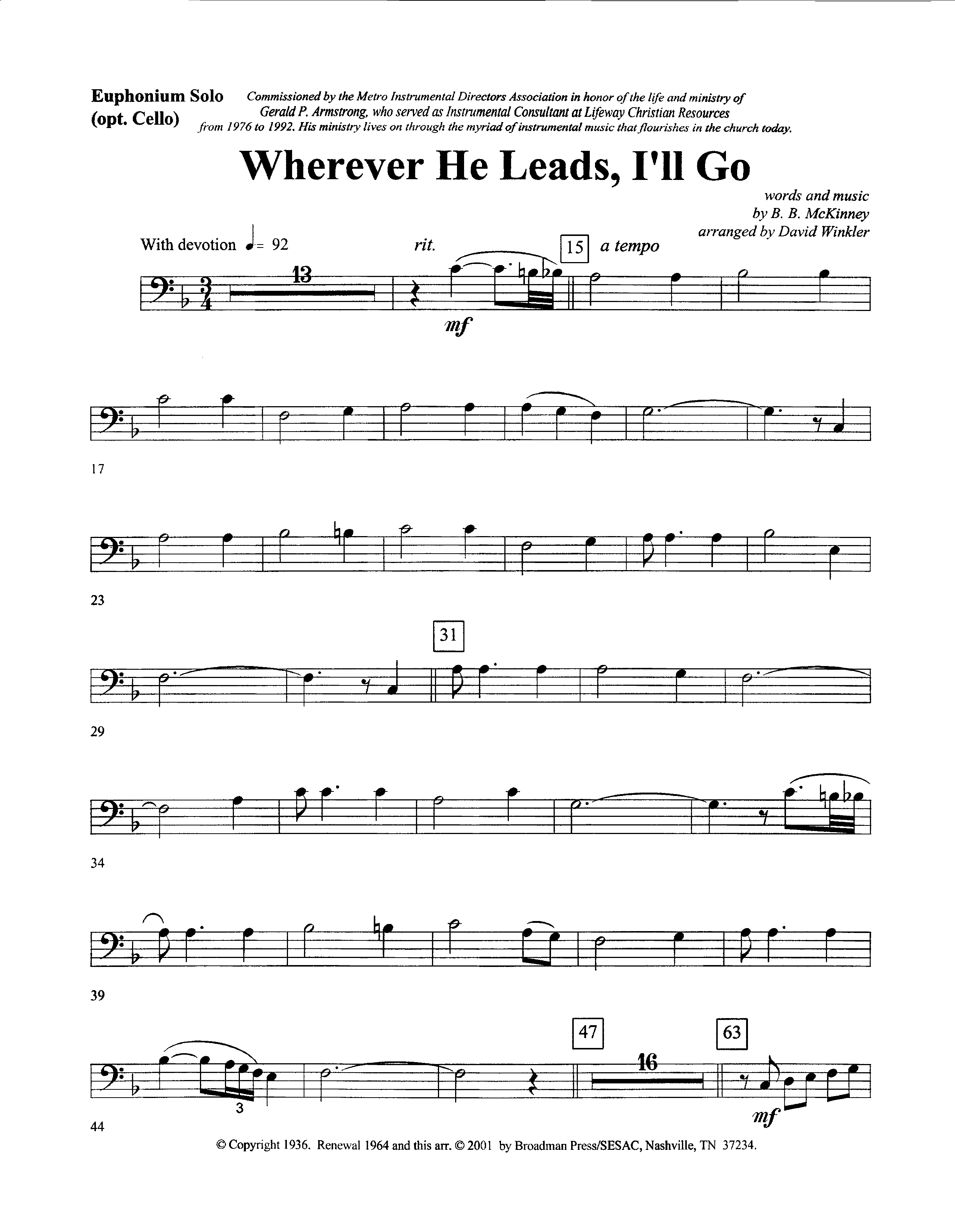 Wherever He Leads I’ll Go (with Solo Euphonium or Baritone TC) (Instrumental) Euphonium (Lifeway Worship / Arr. David Winkler)