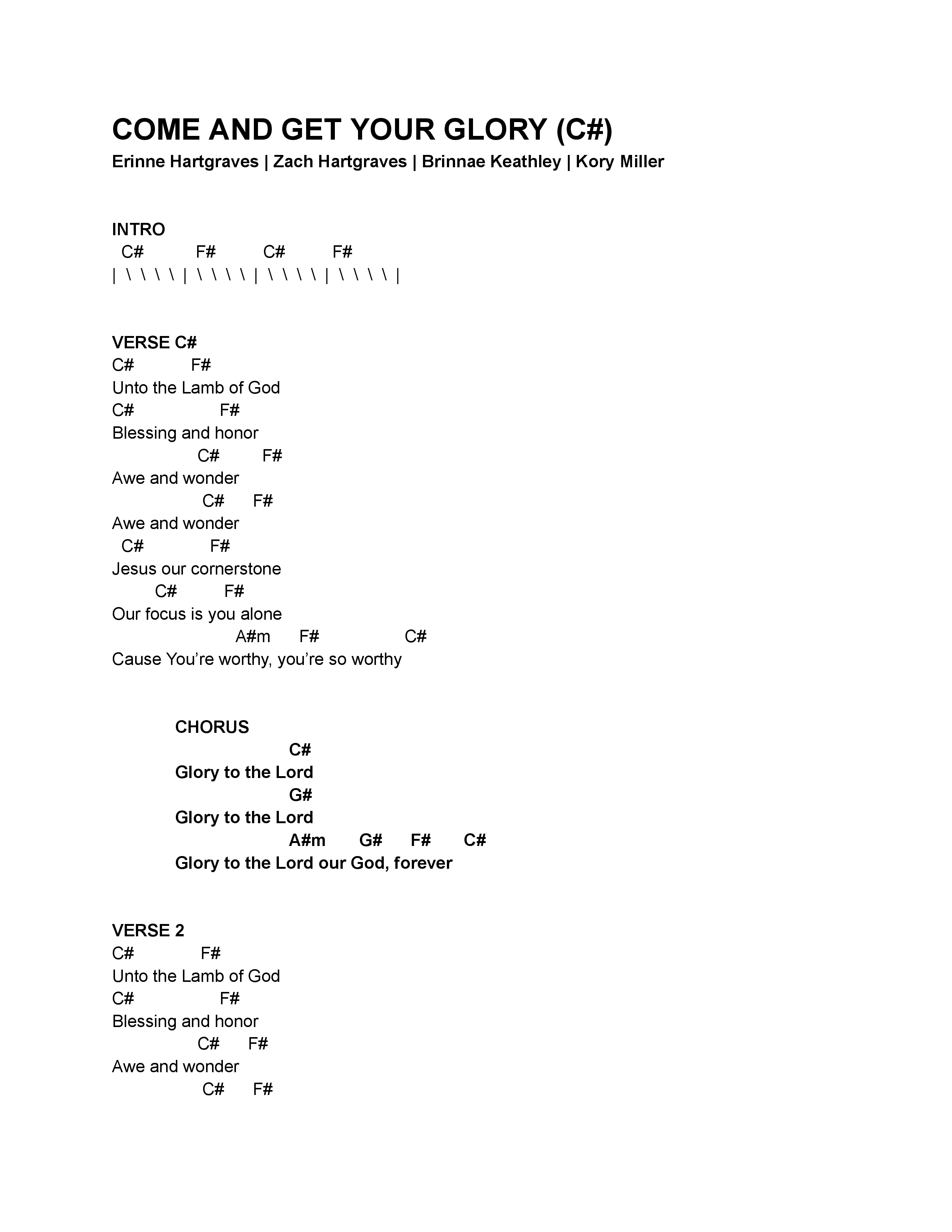 Come And Get Your Glory Chord Chart (Kory Miller)