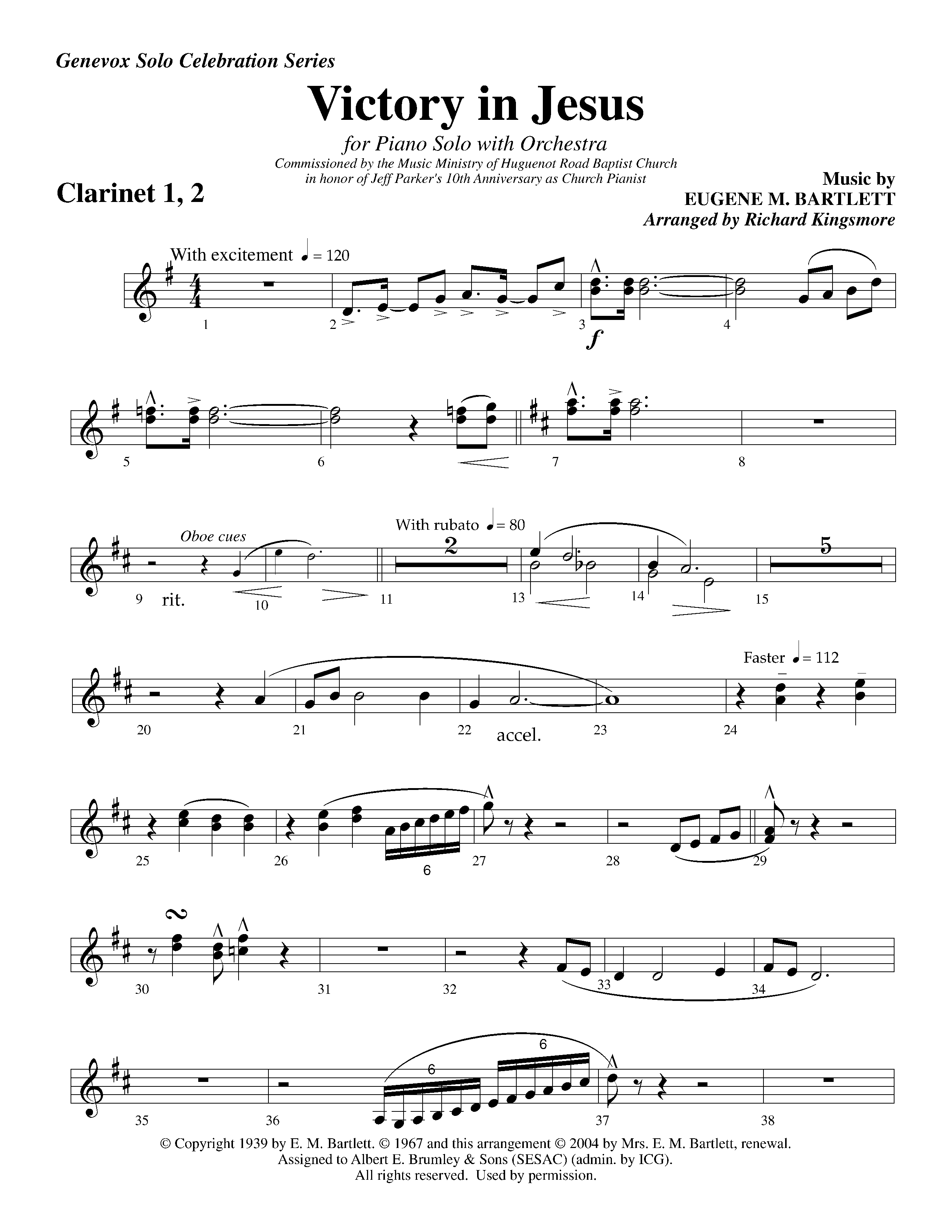 Victory in Jesus&nbsp;(with Solo&nbsp;Piano) (Instrumental) Clarinet 1/2 (Lifeway Worship / Arr. Richard Kingsmore)