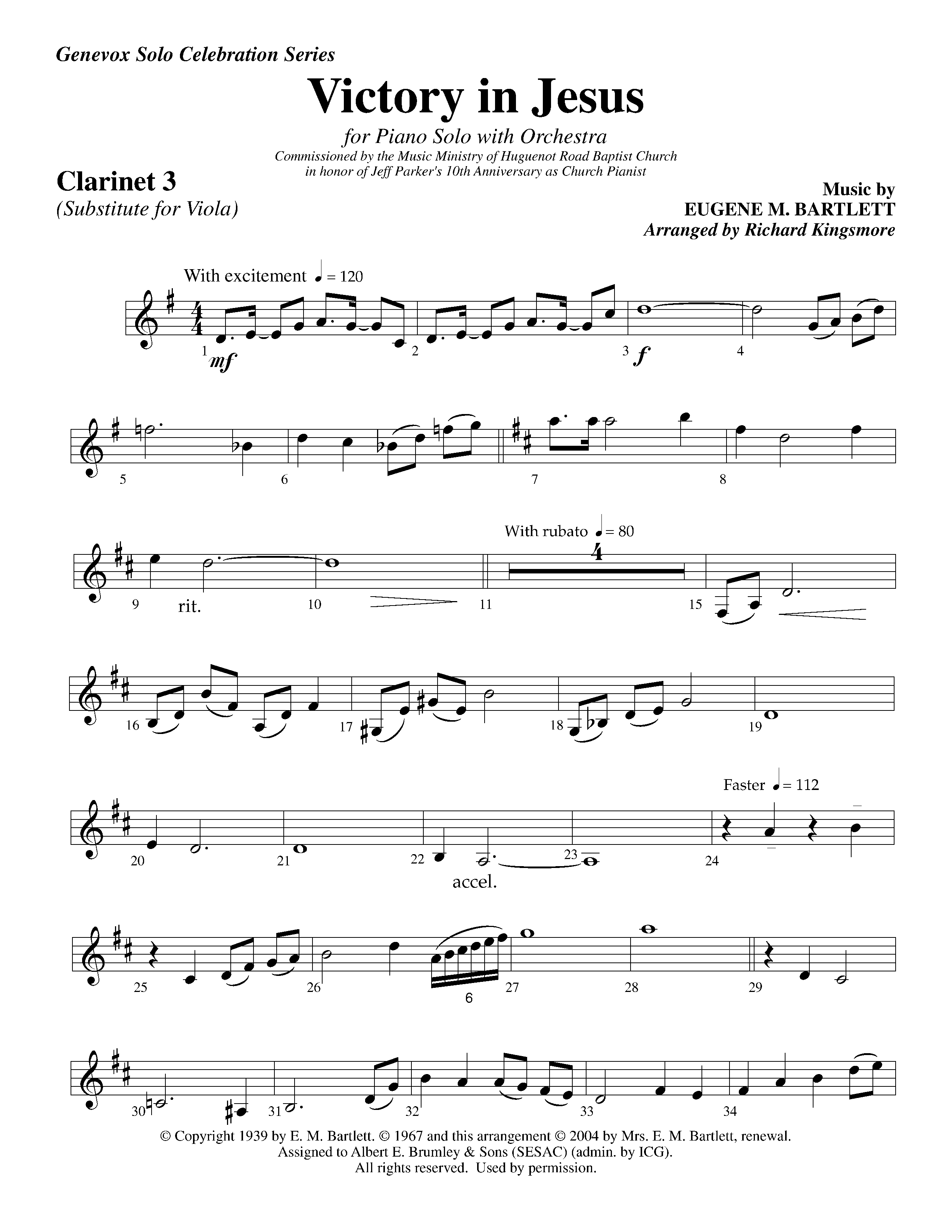 Victory in Jesus (with Solo Piano) (Instrumental) Clarinet 3 (Lifeway Worship / Arr. Richard Kingsmore)