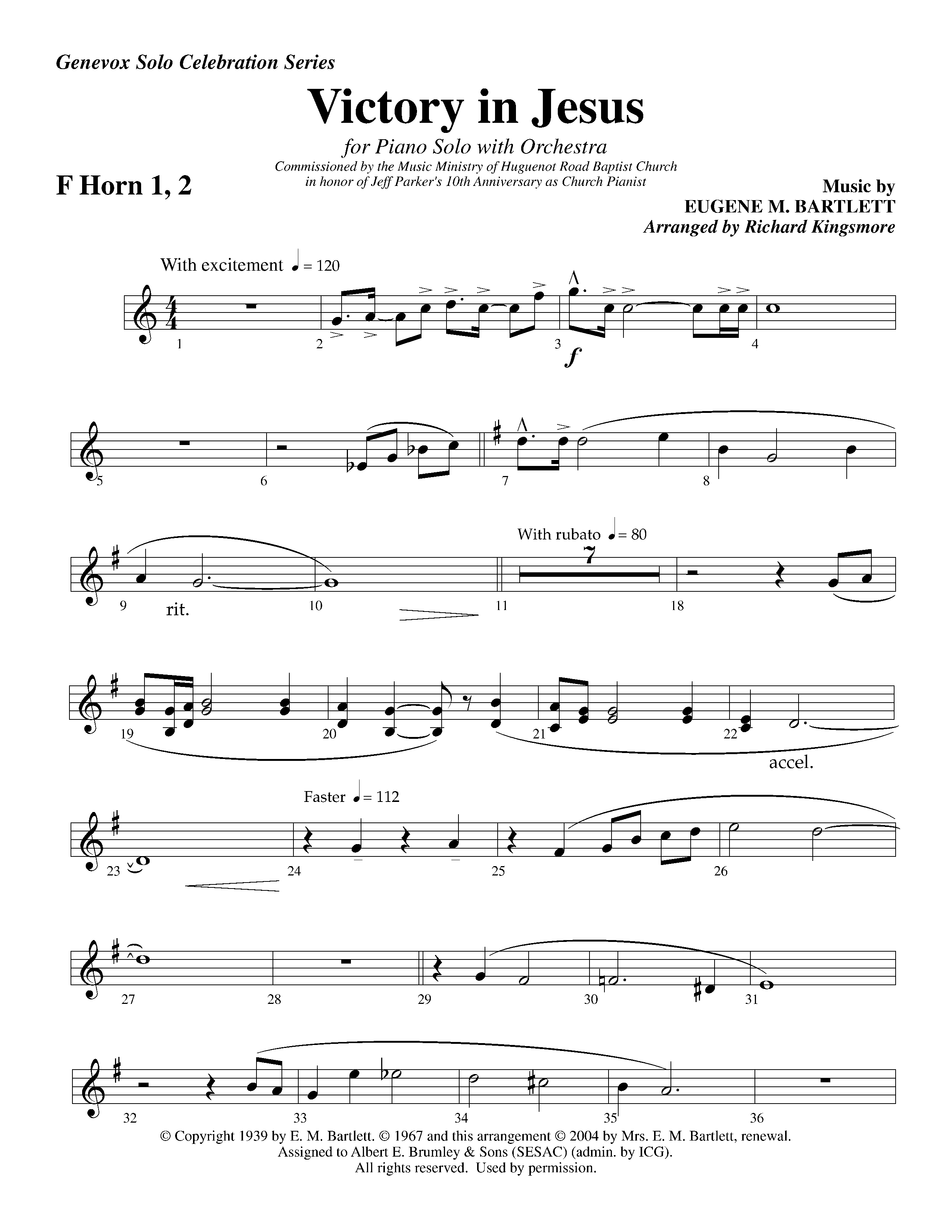 Victory in Jesus (with Solo Piano) (Instrumental) French Horn 1/2 (Lifeway Worship / Arr. Richard Kingsmore)
