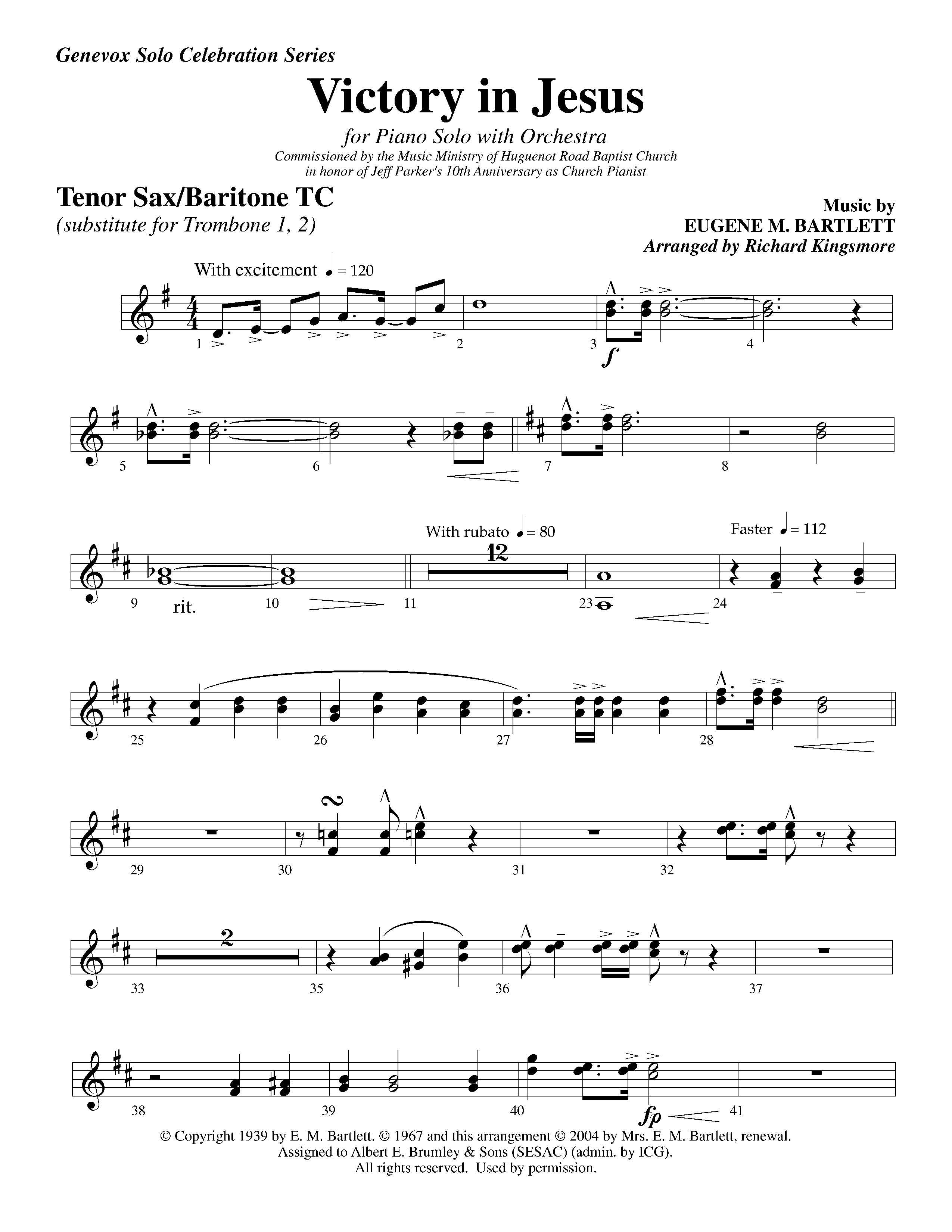 Victory in Jesus&nbsp;(with Solo&nbsp;Piano) (Instrumental) Tenor Sax/Baritone T.C. (Lifeway Worship / Arr. Richard Kingsmore)