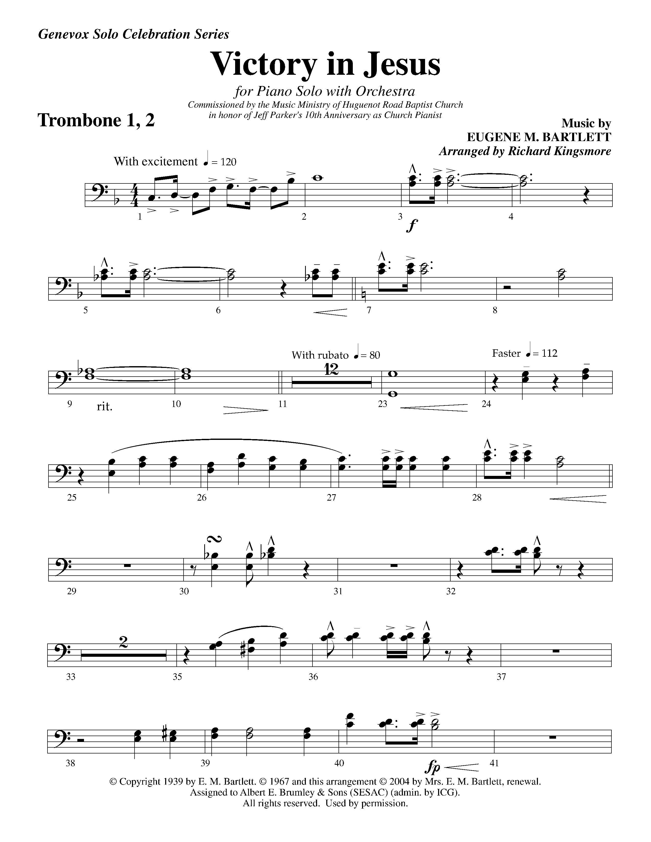 Victory in Jesus (with Solo Piano) (Instrumental) Trombone 1/2 (Lifeway Worship / Arr. Richard Kingsmore)