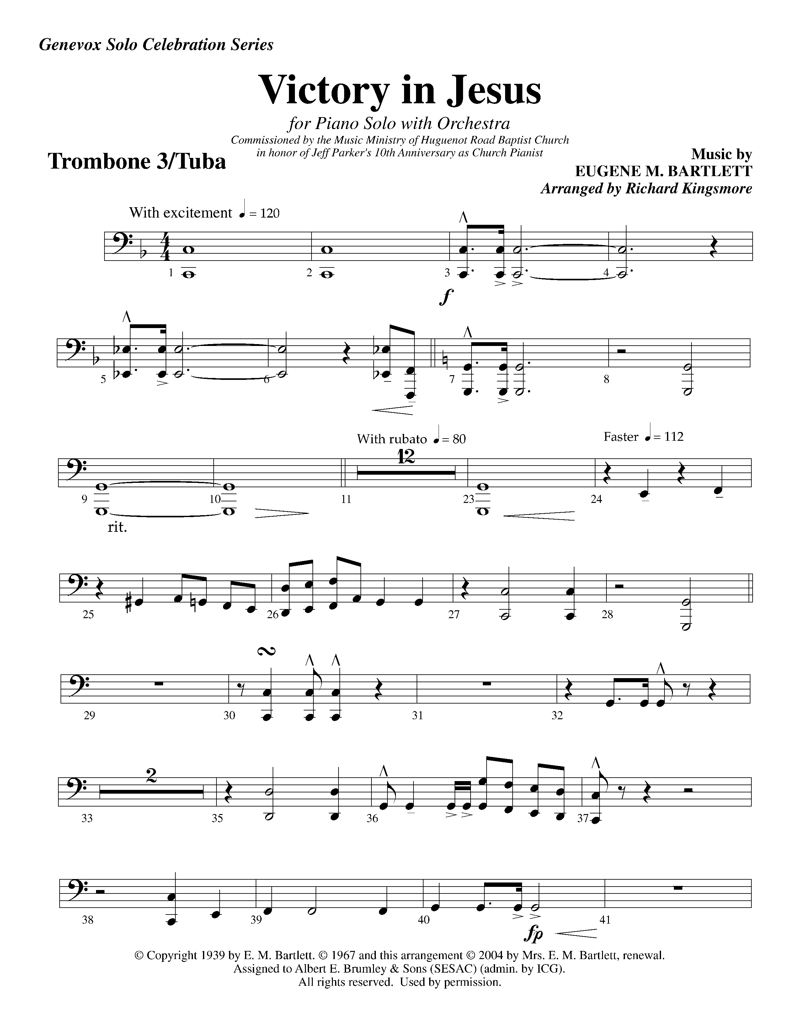 Victory in Jesus (with Solo Piano) (Instrumental) Trombone 3/Tuba (Lifeway Worship / Arr. Richard Kingsmore)
