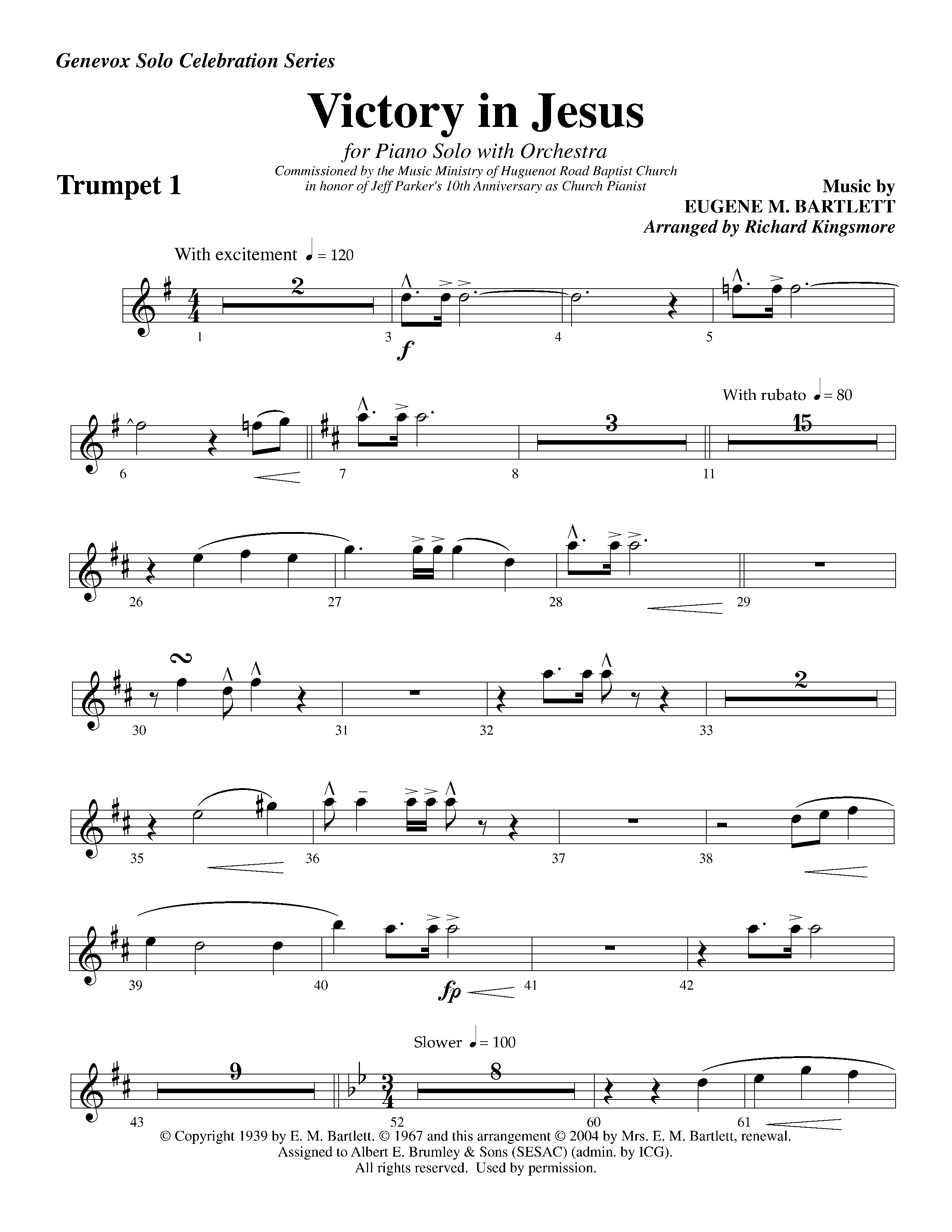 Victory in Jesus (with Solo Piano) (Instrumental) Trumpet 1 (Lifeway Worship / Arr. Richard Kingsmore)