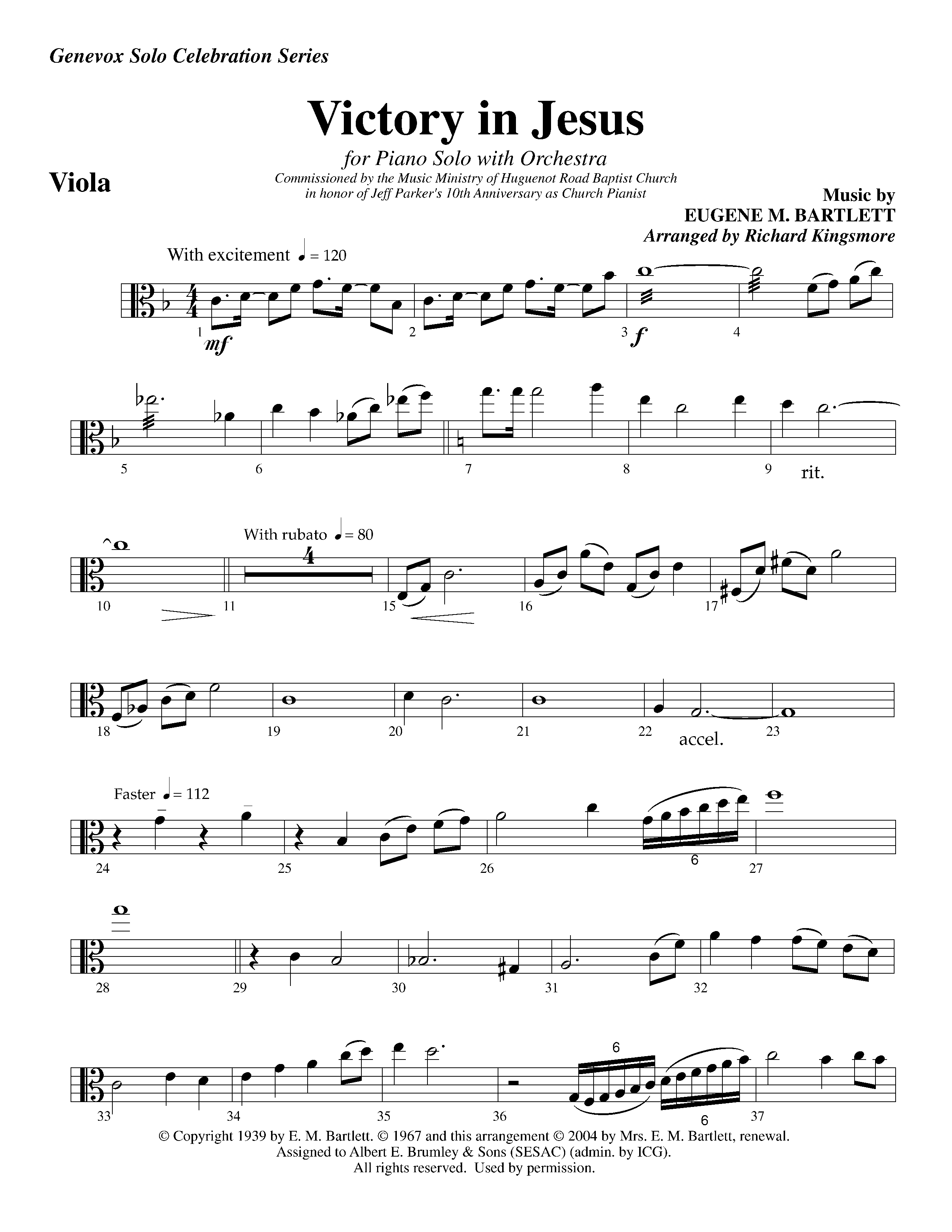 Victory in Jesus&nbsp;(with Solo&nbsp;Piano) (Instrumental) Viola (Lifeway Worship / Arr. Richard Kingsmore)