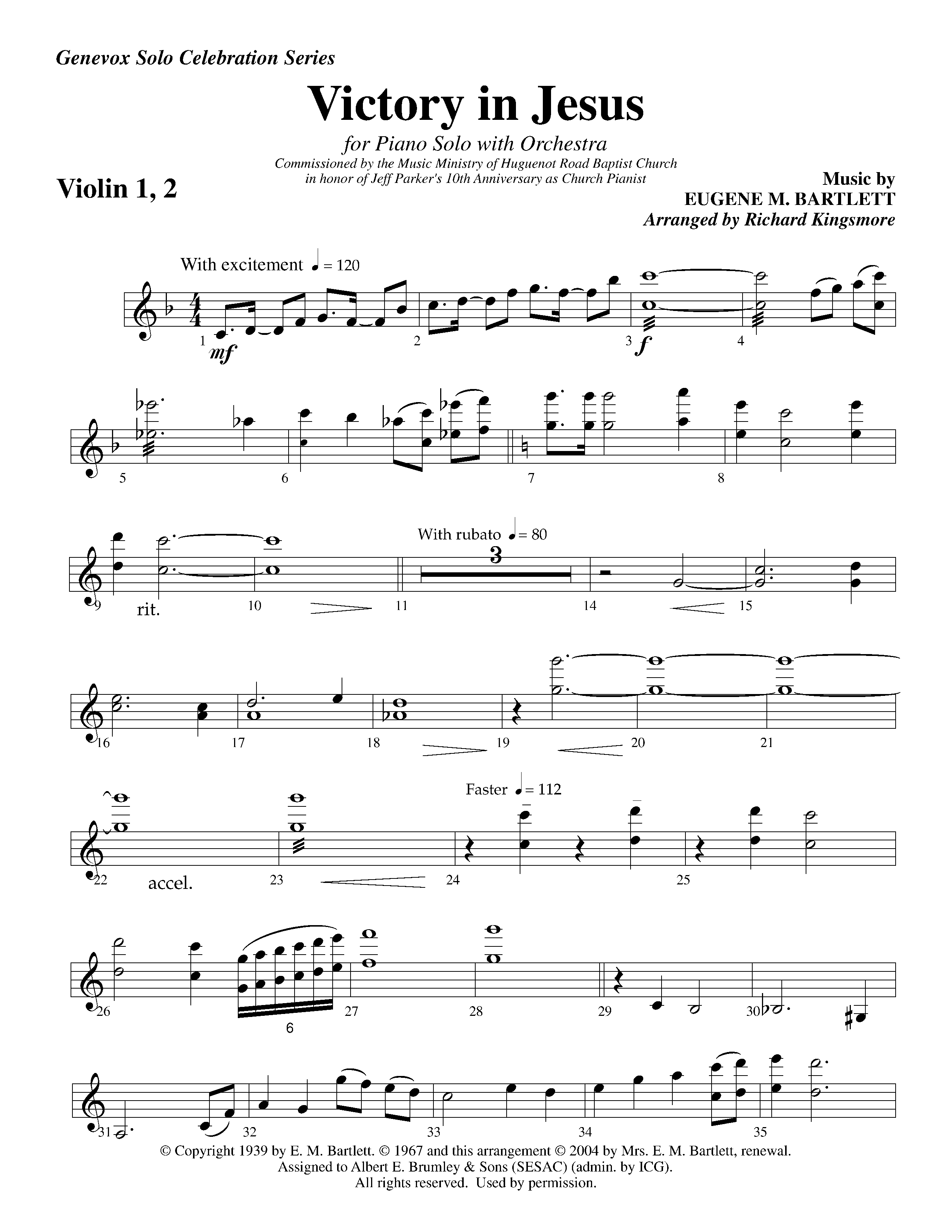 Victory in Jesus&nbsp;(with Solo&nbsp;Piano) (Instrumental) Violin 1/2 (Lifeway Worship / Arr. Richard Kingsmore)