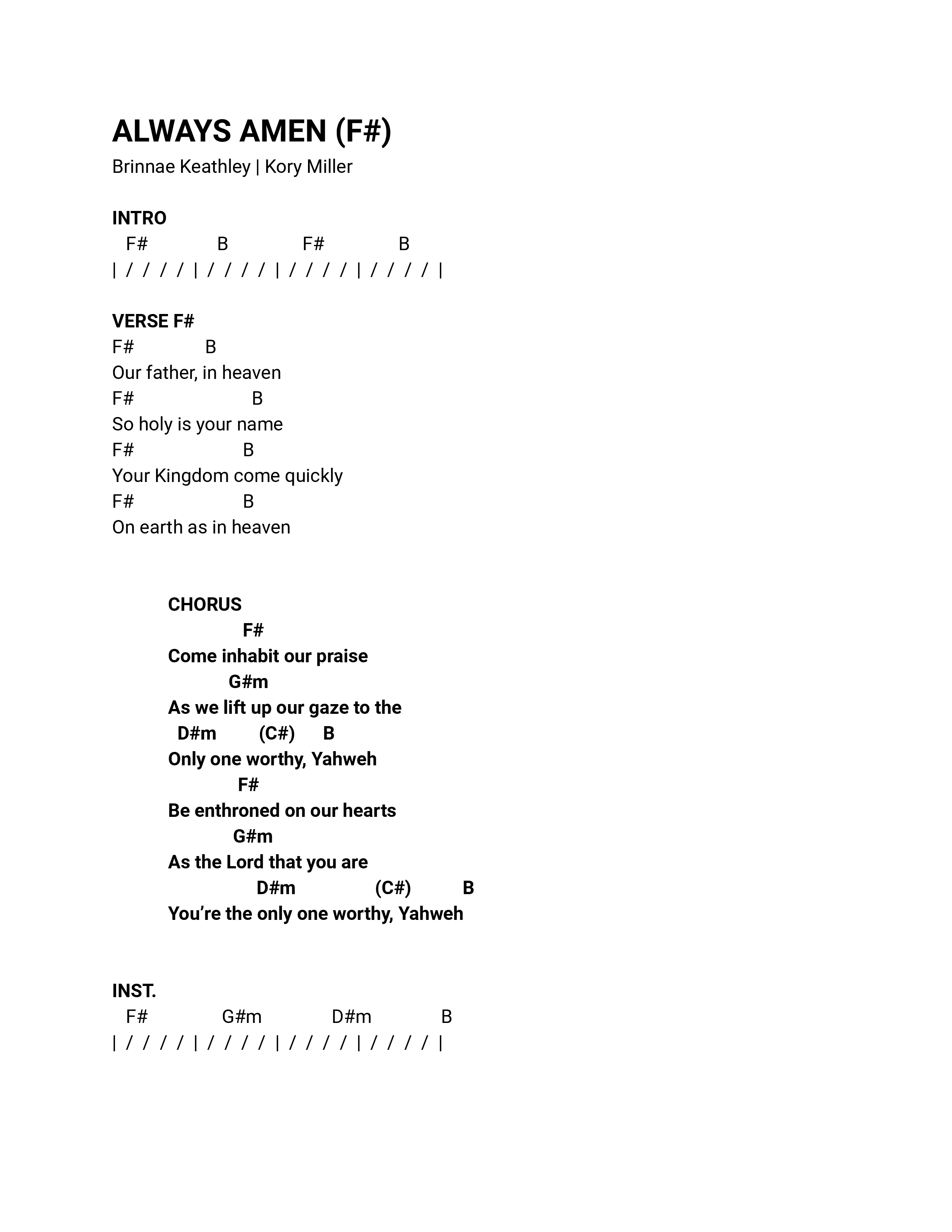 Always Amen Chord Chart (Kory Miller)