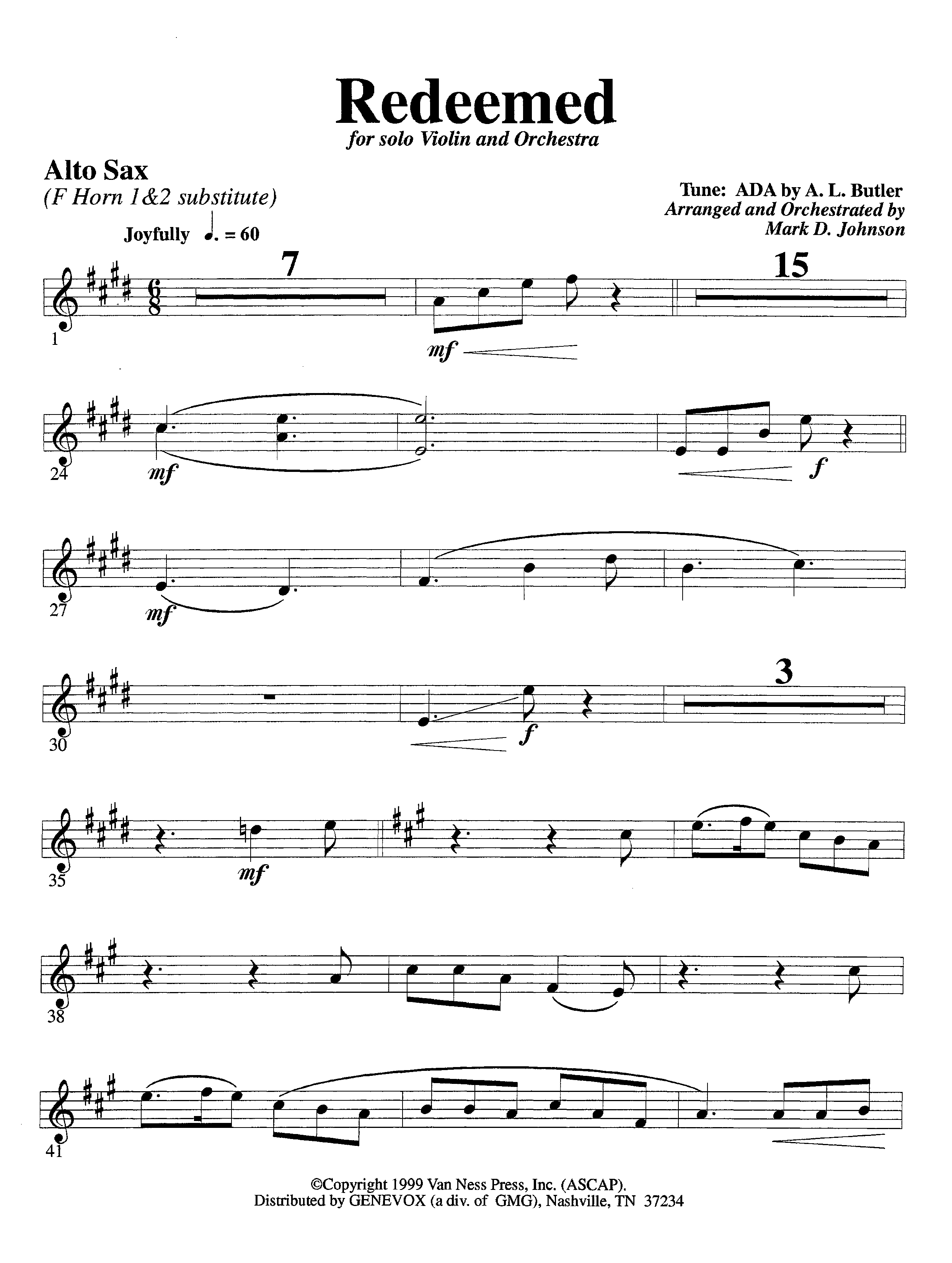 Redeemed (with Solo Violin) (Instrumental) Alto Sax (Lifeway Worship / Arr. Mark Johnson)