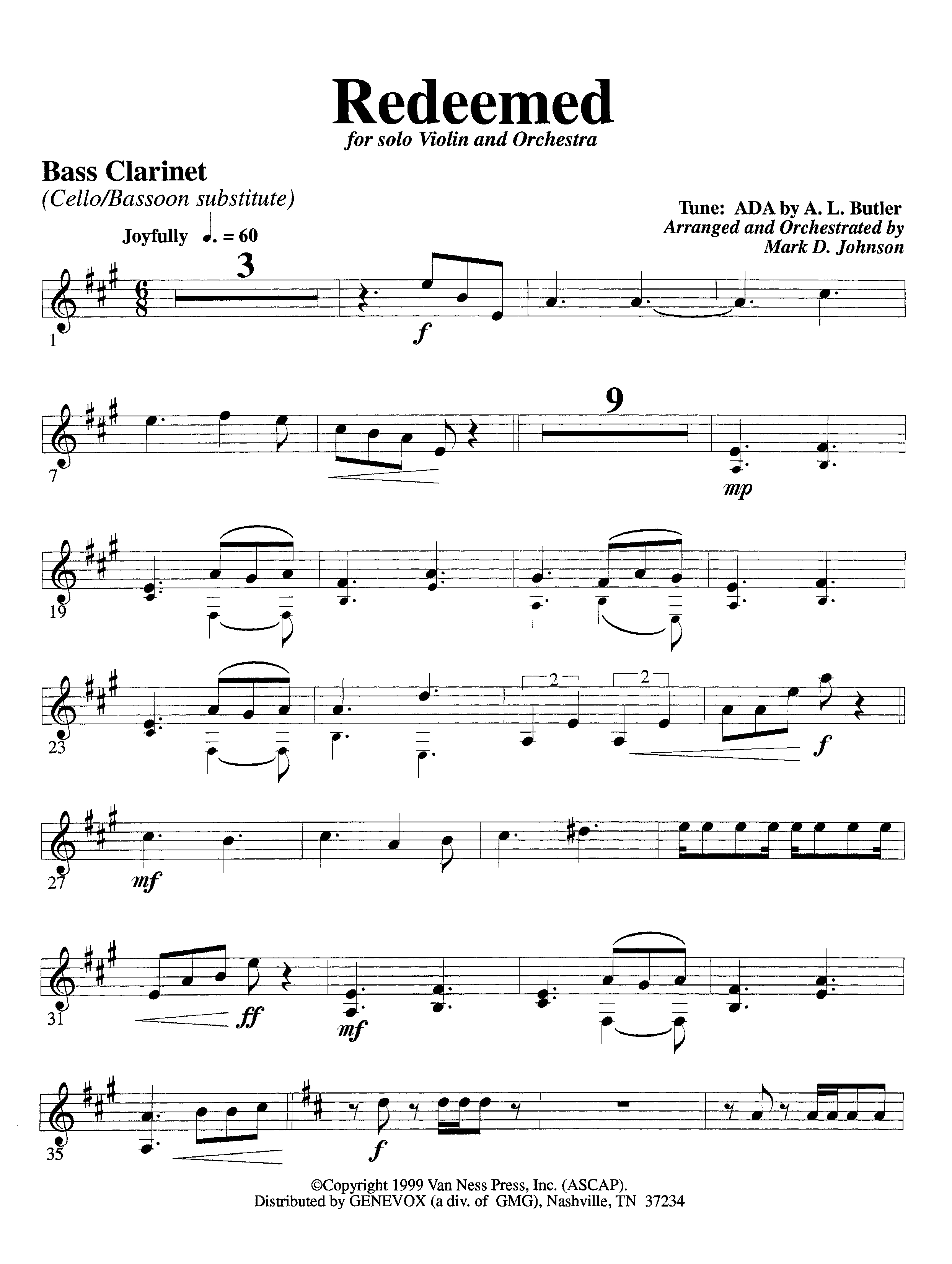 Redeemed (with Solo Violin) (Instrumental) Bass Clarinet (Lifeway Worship / Arr. Mark Johnson)