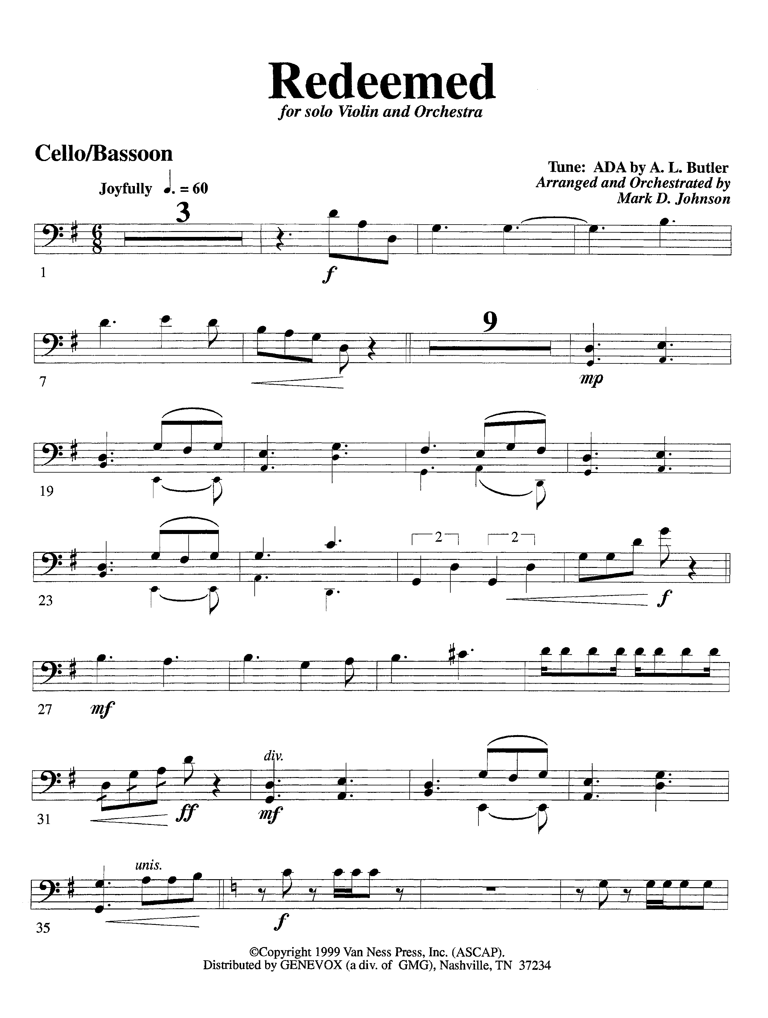 Redeemed (with Solo Violin) (Instrumental) Cello (Lifeway Worship / Arr. Mark Johnson)