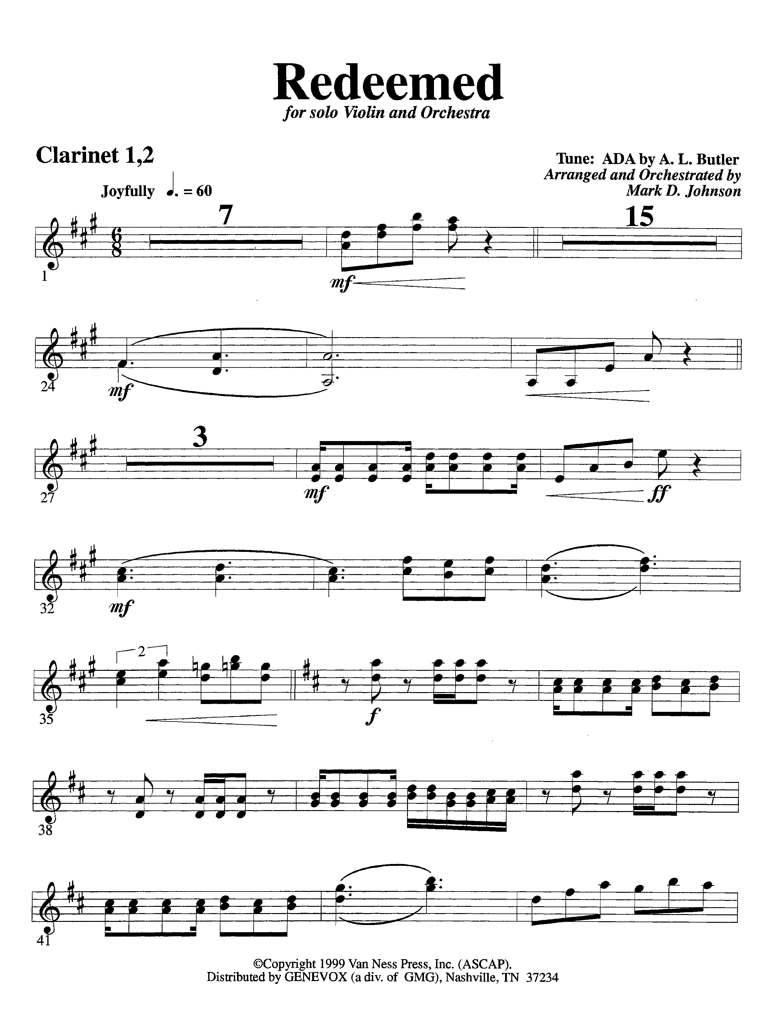 Redeemed (with Solo Violin) (Instrumental) Clarinet 1/2 (Lifeway Worship / Arr. Mark Johnson)