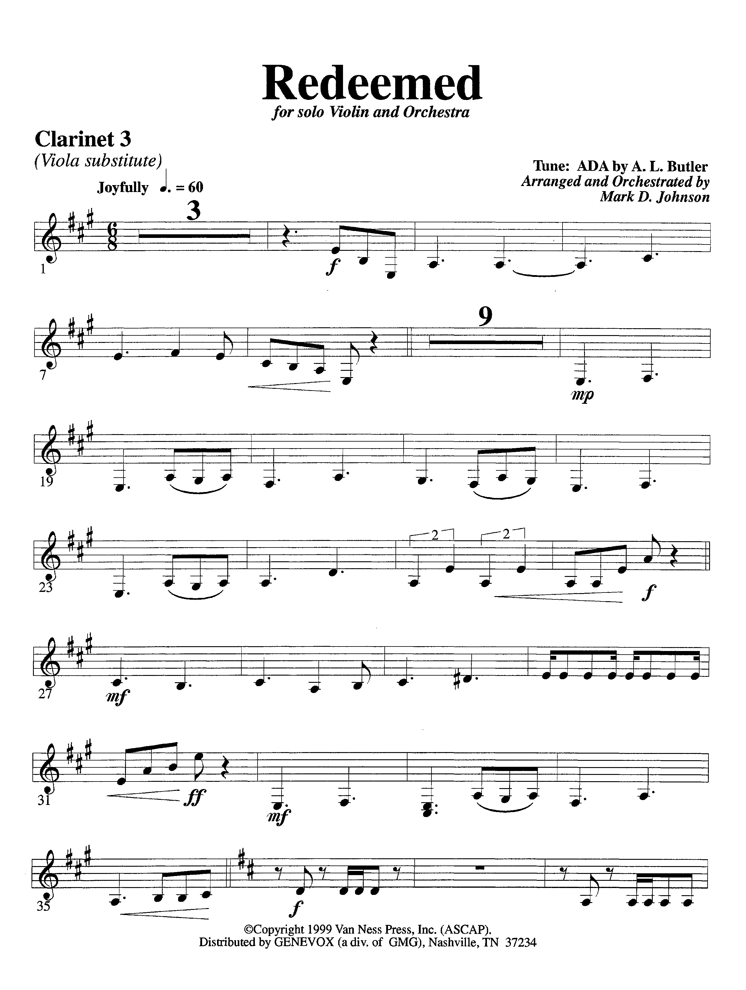 Redeemed&nbsp;(with Solo&nbsp;Violin) (Instrumental) Clarinet 3 (Lifeway Worship / Arr. Mark Johnson)