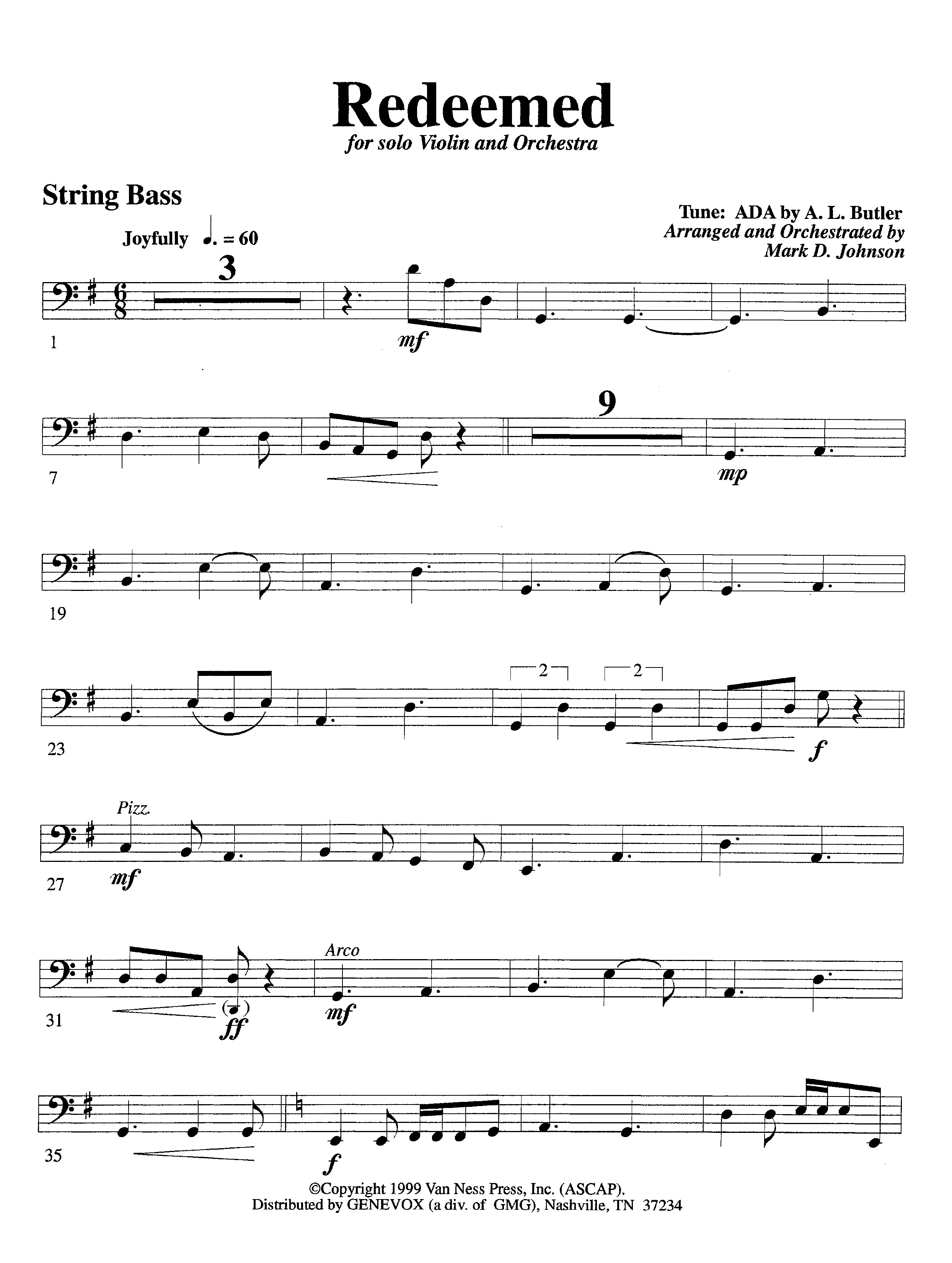 Redeemed (with Solo Violin) (Instrumental) Double Bass (Lifeway Worship / Arr. Mark Johnson)