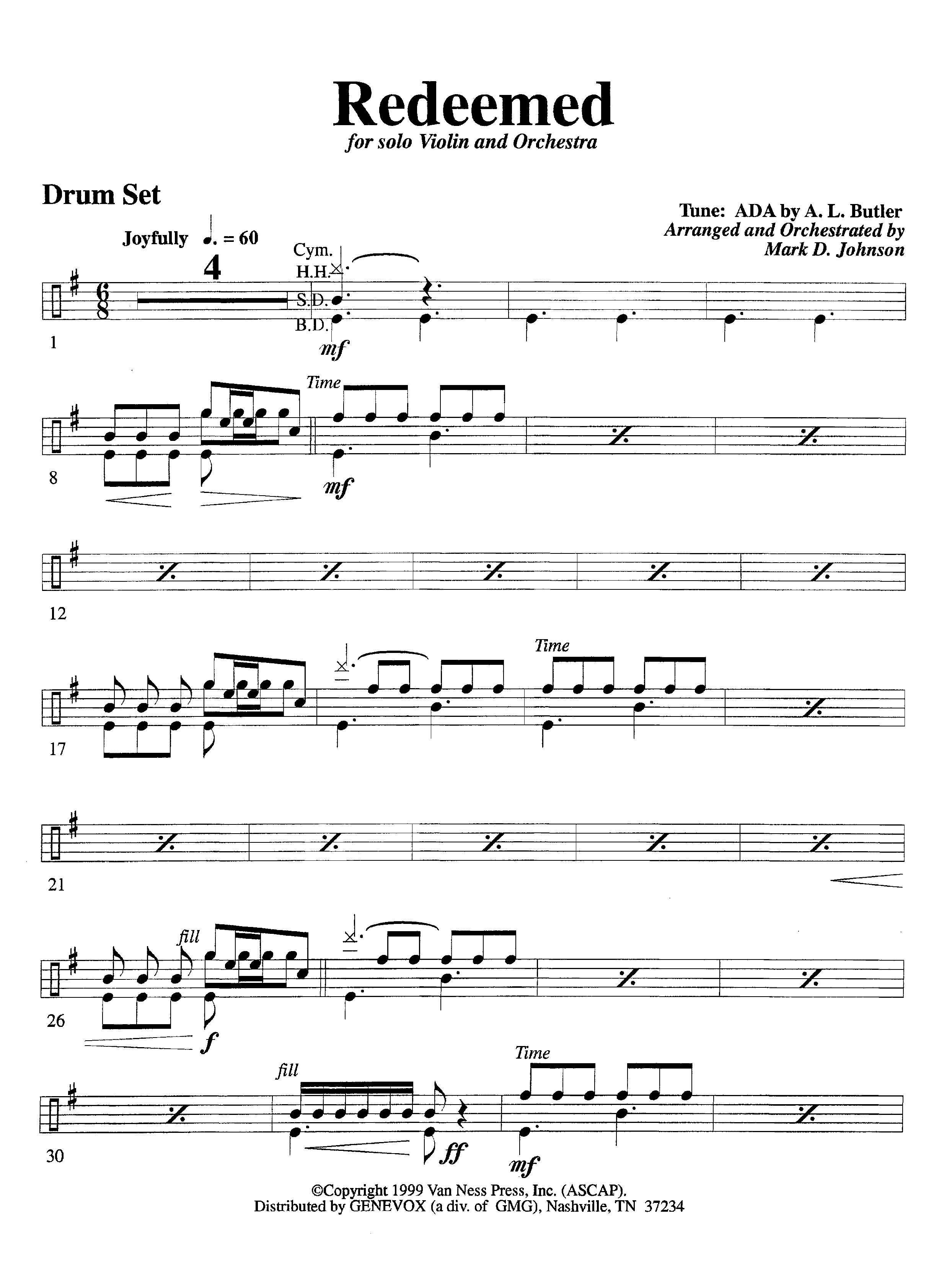 Redeemed (with Solo Violin) (Instrumental) Drum Set (Lifeway Worship / Arr. Mark Johnson)