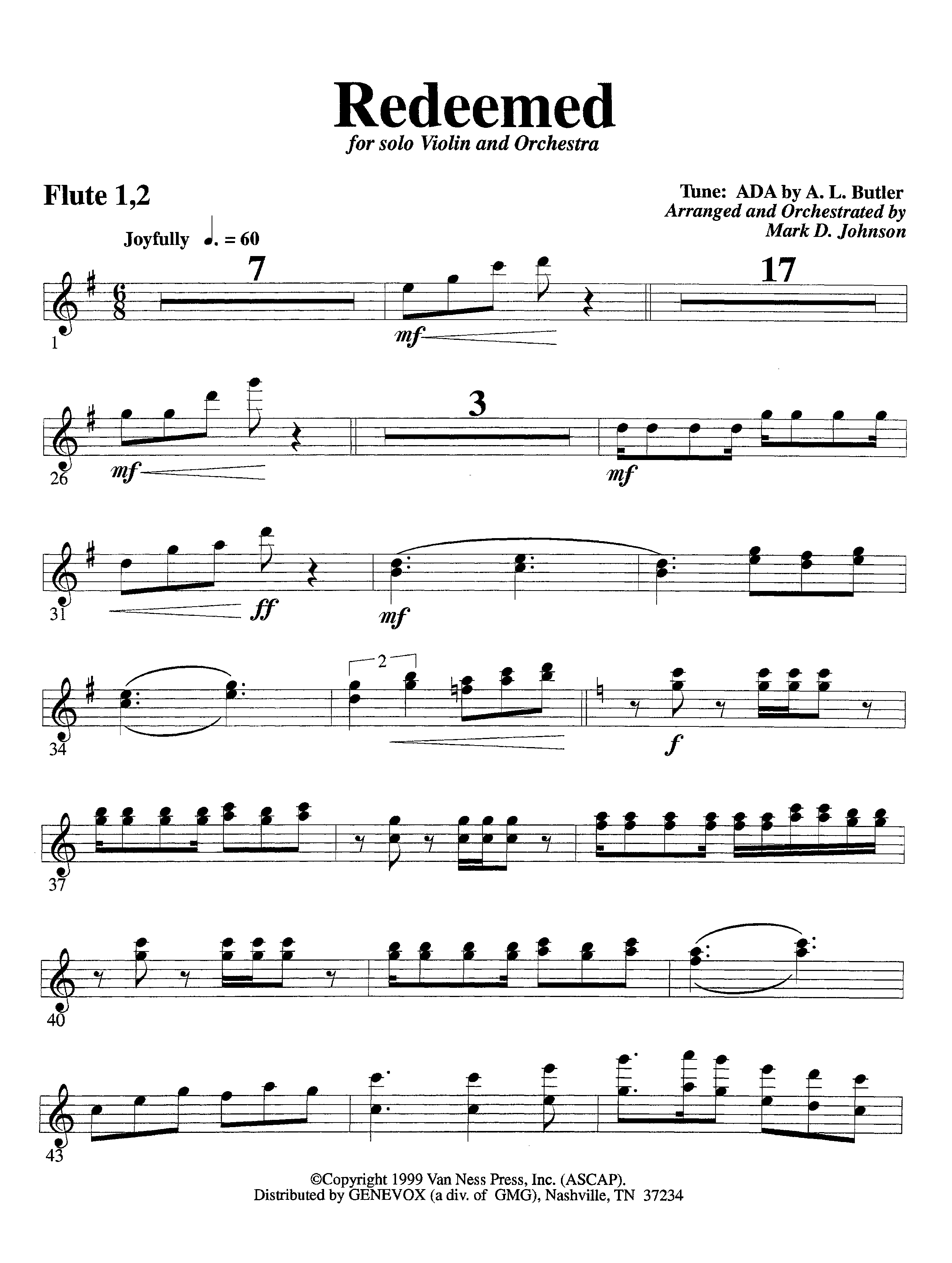 Redeemed (with Solo Violin) (Instrumental) Flute 1/2 (Lifeway Worship / Arr. Mark Johnson)