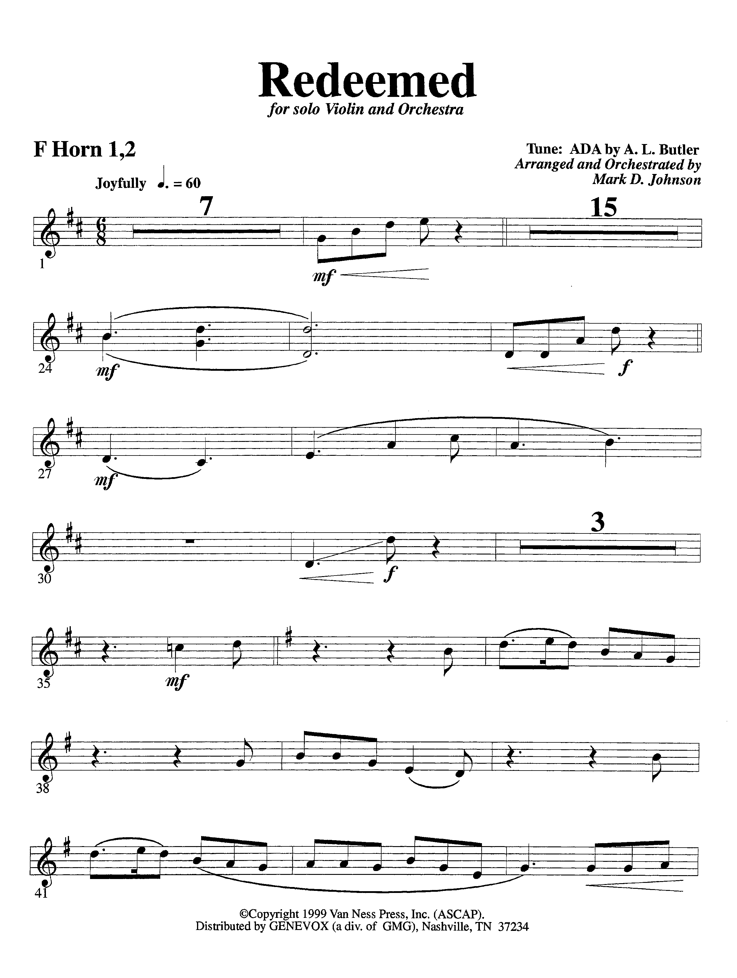 Redeemed (with Solo Violin) (Instrumental) French Horn 1/2 (Lifeway Worship / Arr. Mark Johnson)