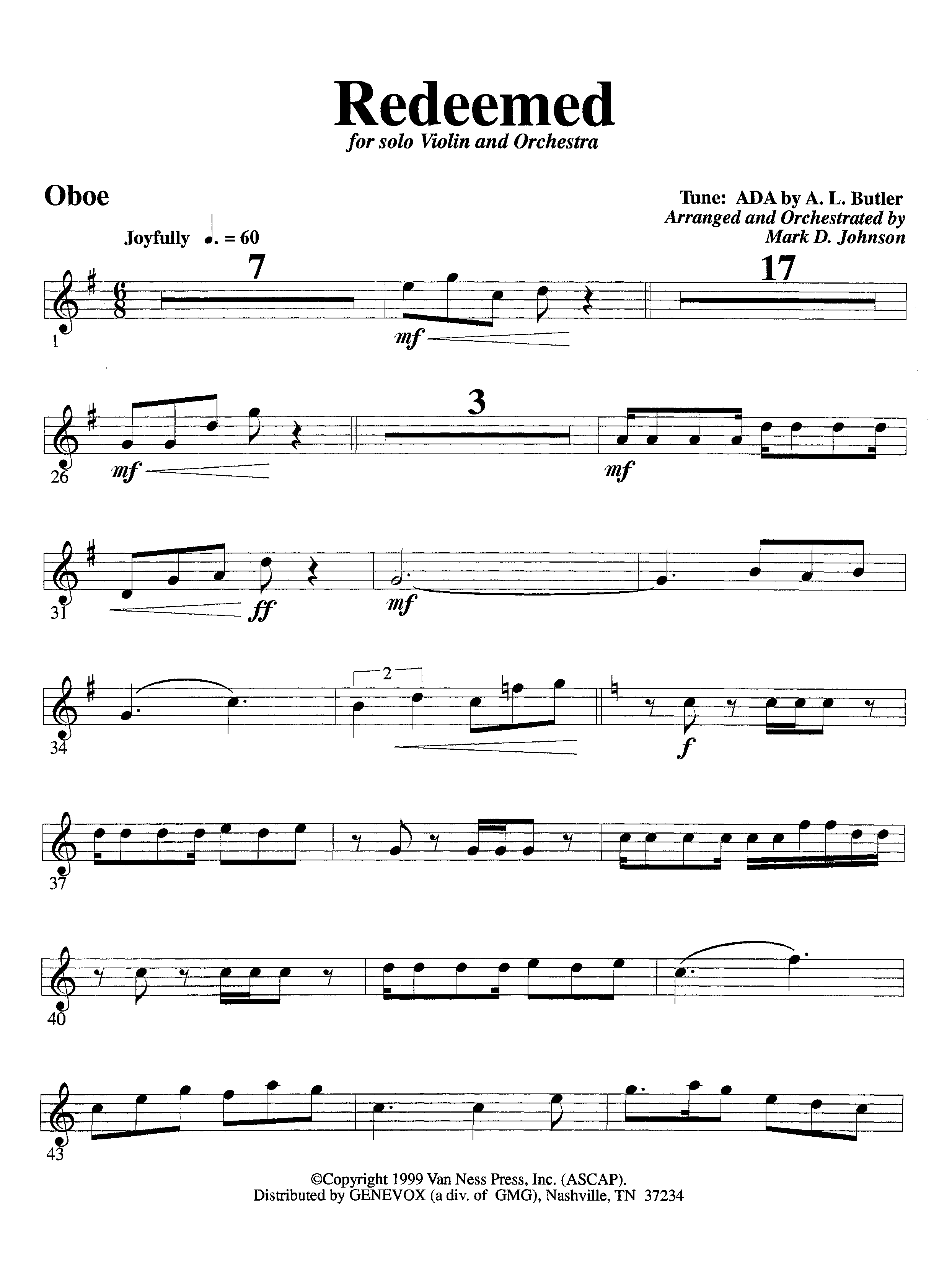 Redeemed (with Solo Violin) (Instrumental) Oboe (Lifeway Worship / Arr. Mark Johnson)