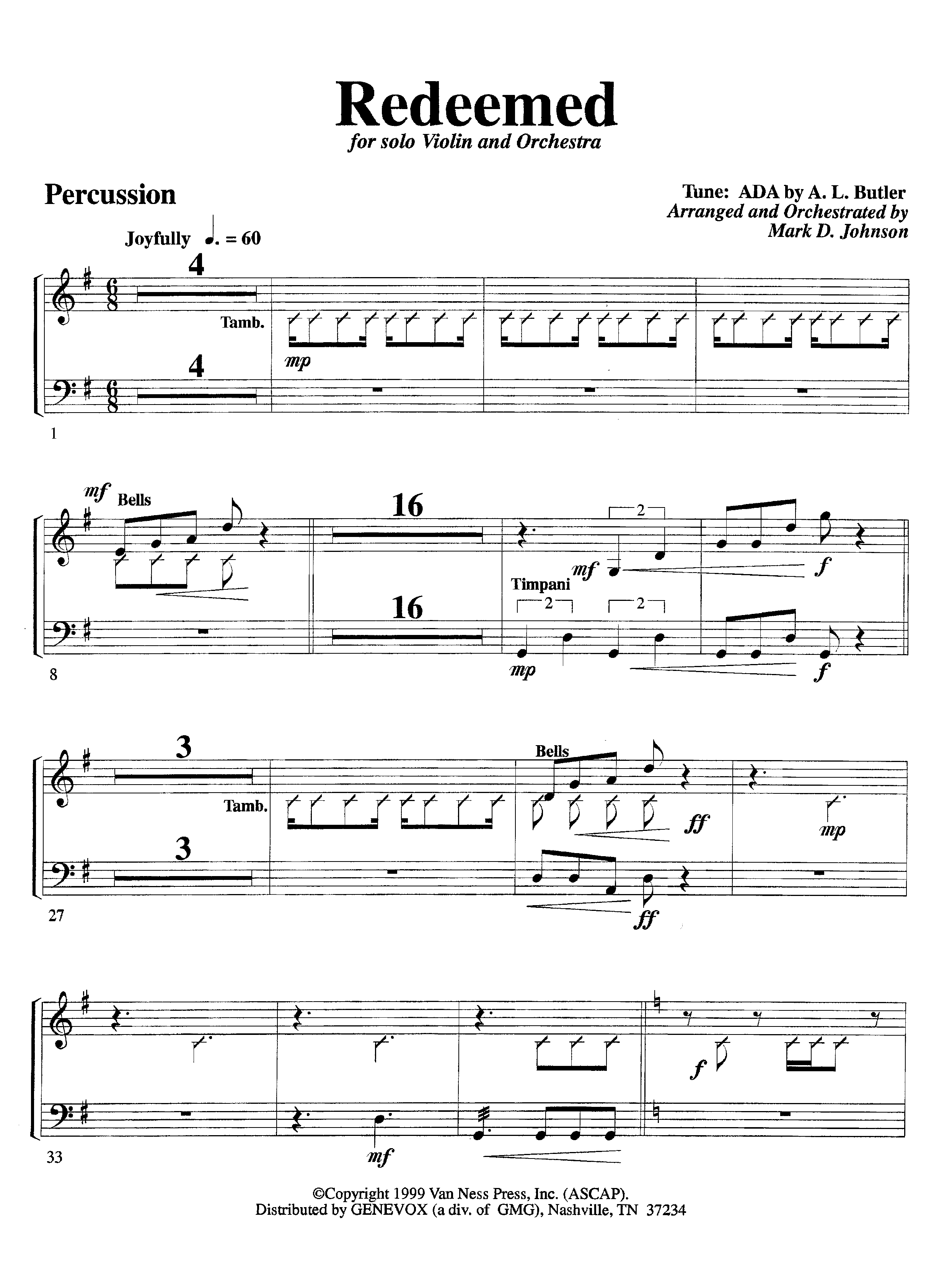Redeemed (with Solo Violin) (Instrumental) Percussion (Lifeway Worship / Arr. Mark Johnson)