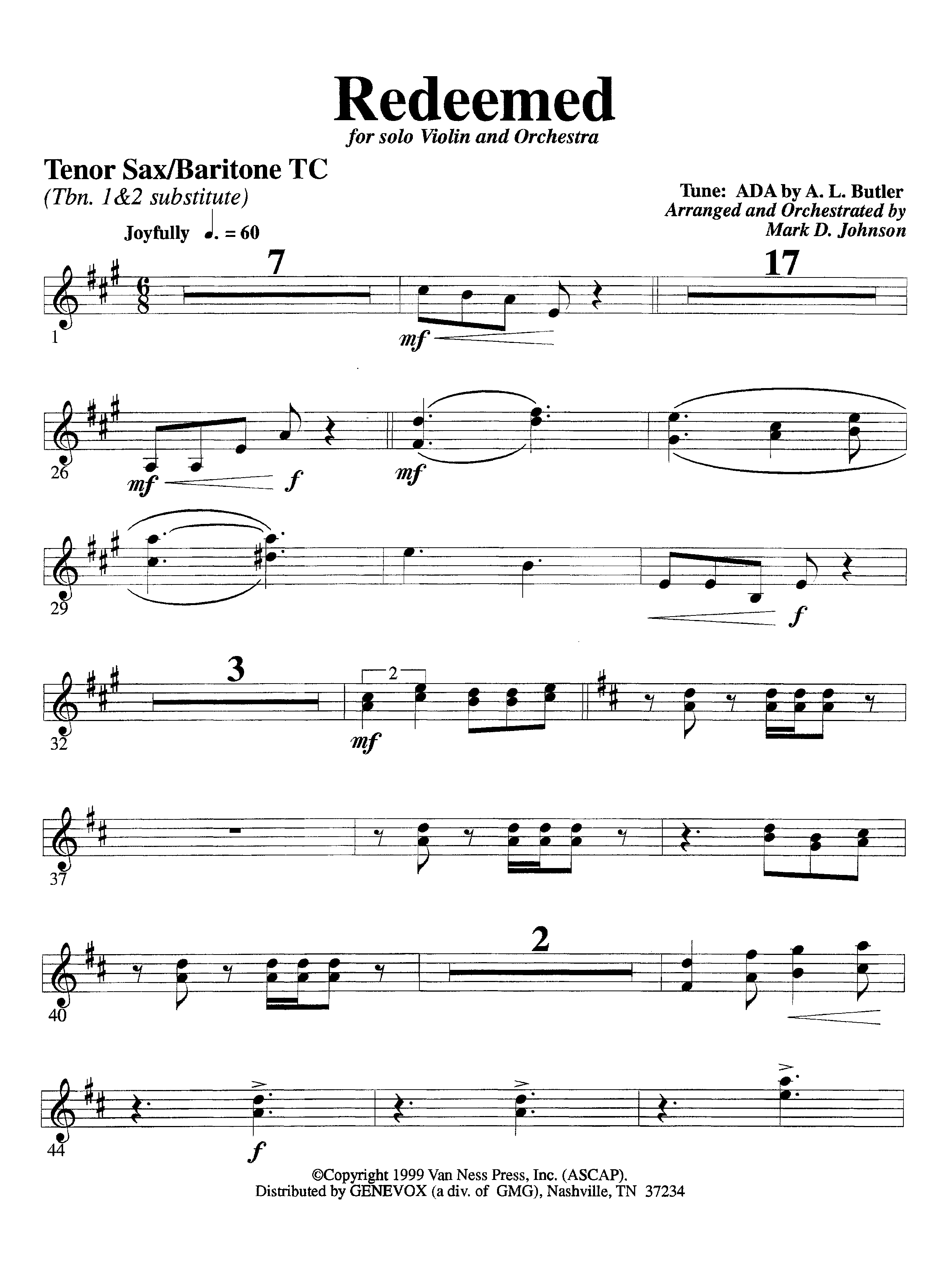 Redeemed (with Solo Violin) (Instrumental) Tenor Sax/Baritone T.C. (Lifeway Worship / Arr. Mark Johnson)