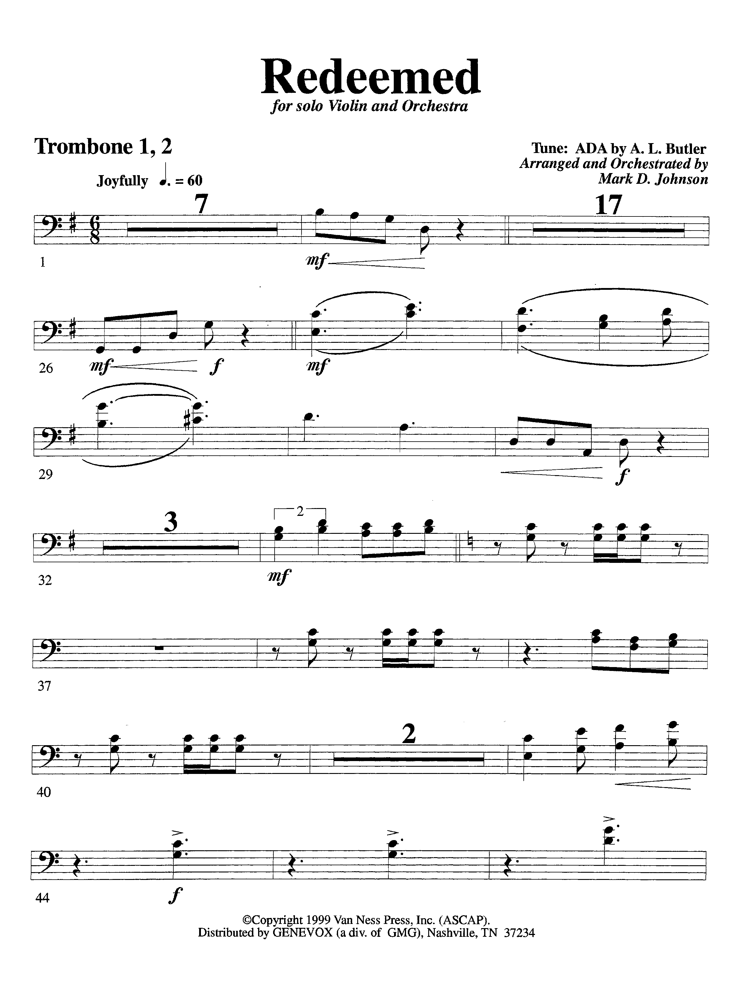 Redeemed&nbsp;(with Solo&nbsp;Violin) (Instrumental) Trombone 1/2 (Lifeway Worship / Arr. Mark Johnson)