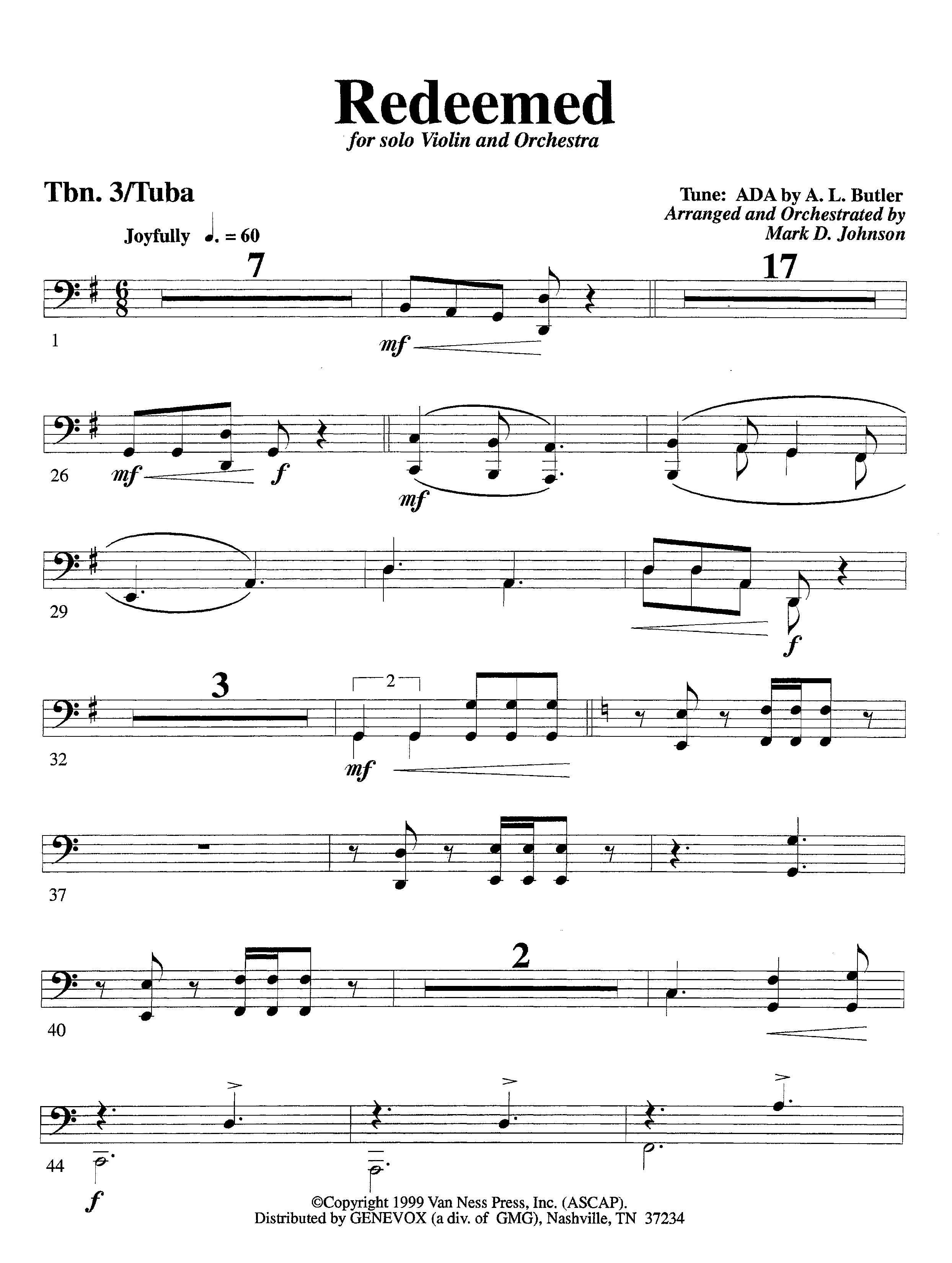 Redeemed (with Solo Violin) (Instrumental) Trombone 3/Tuba (Lifeway Worship / Arr. Mark Johnson)